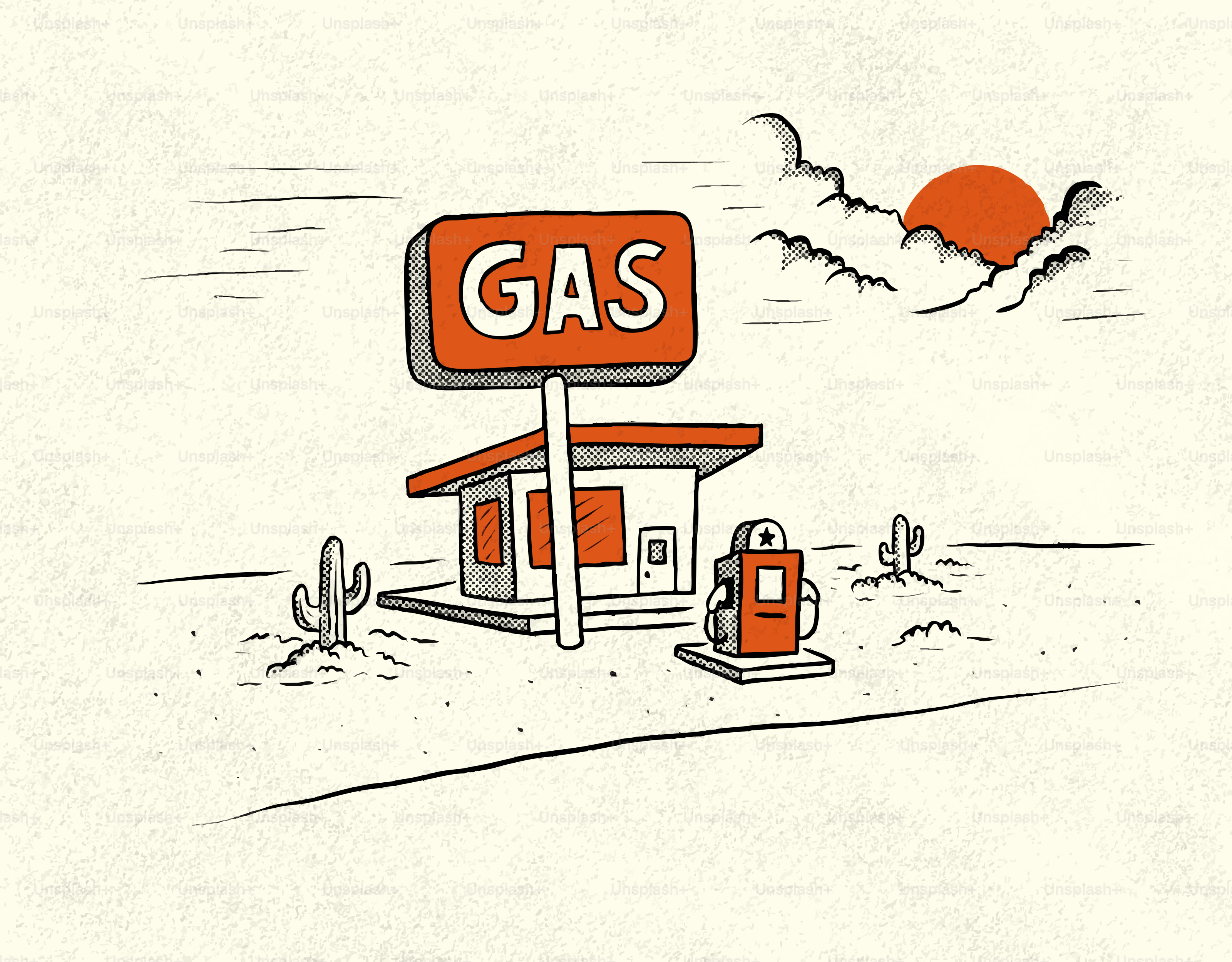 Desert gas station at sunset with cacti.