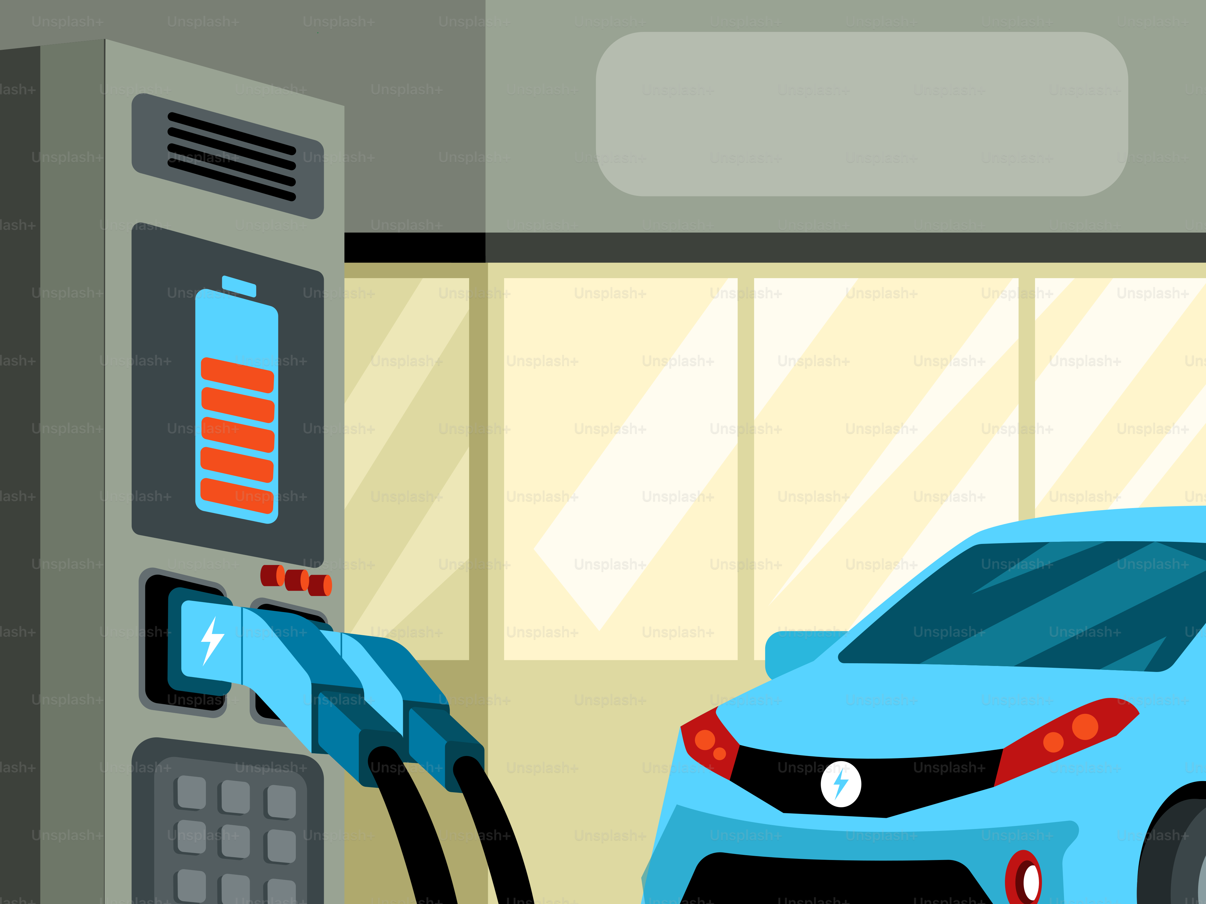 Electric car charging station with blue vehicle.