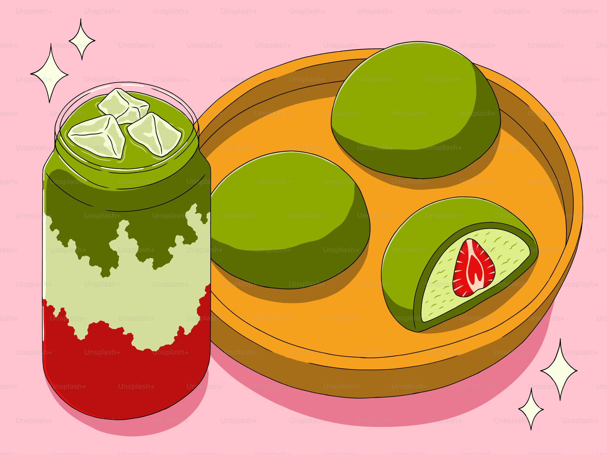 Matcha drink with strawberry mochi on a plate