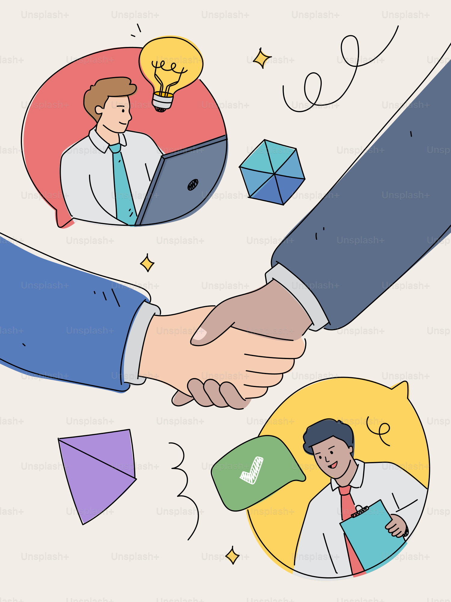 Two businessmen shaking hands with ideas and success.