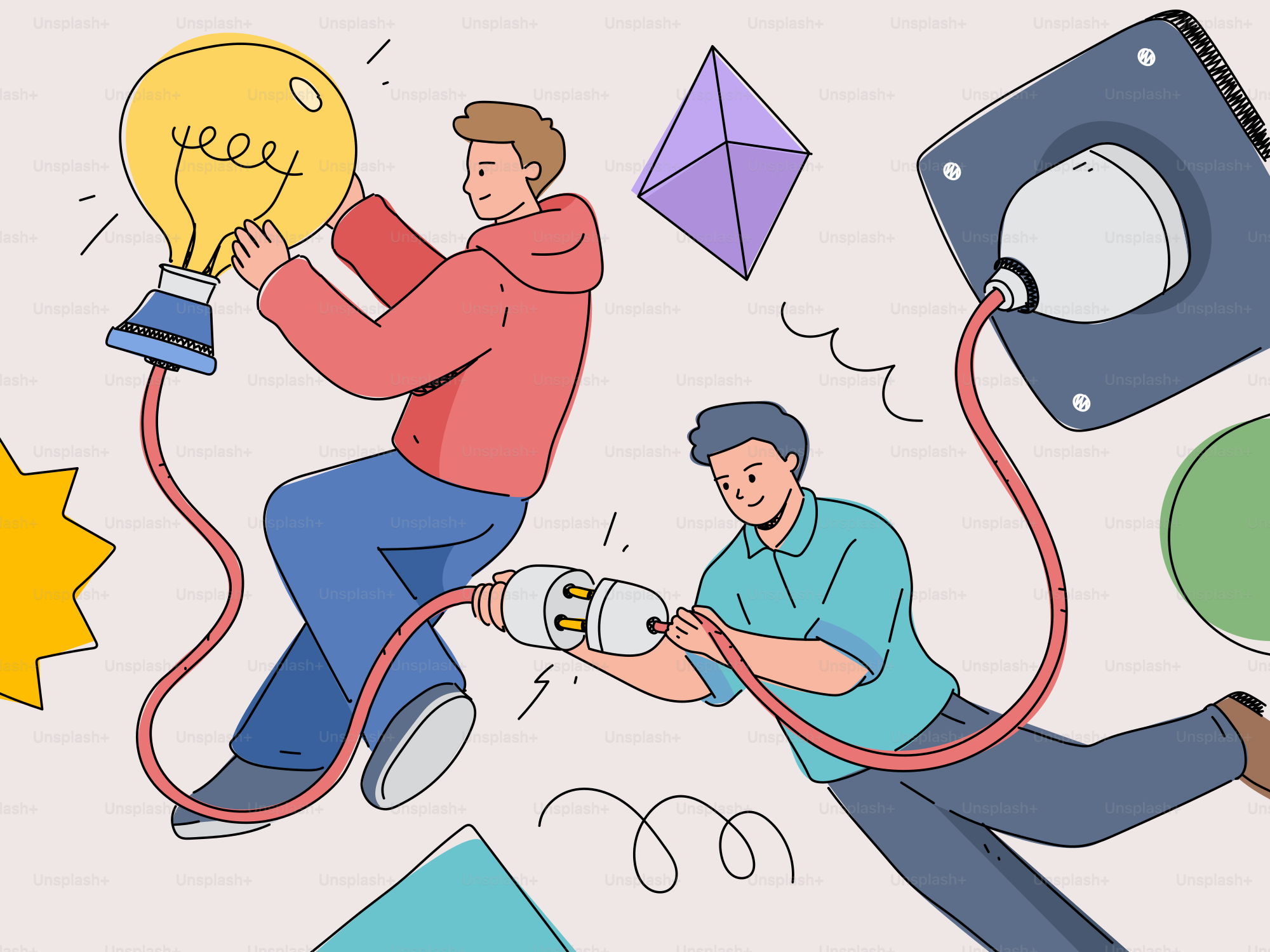 Deux hommes connectant une ampoule et une prise