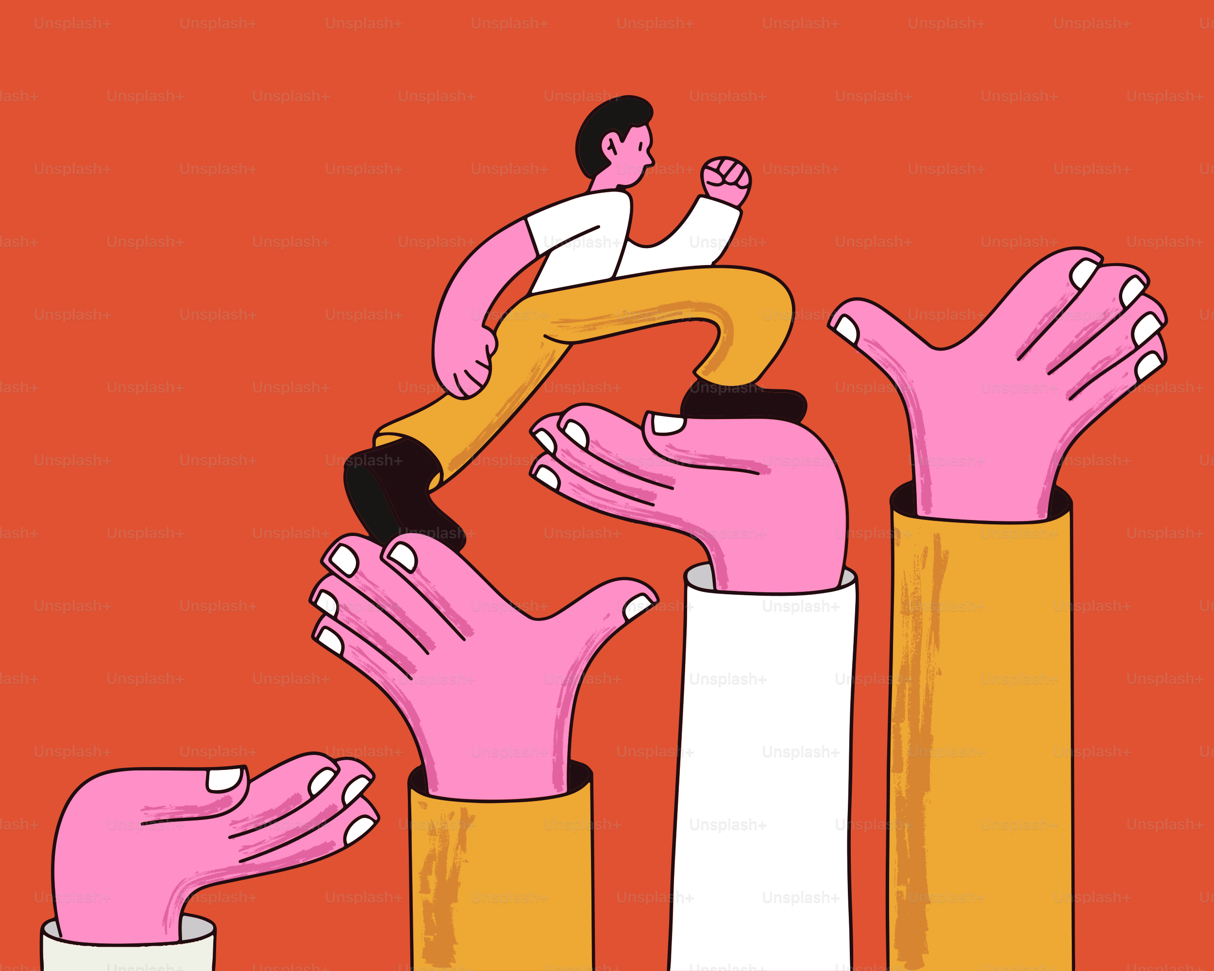 Hands lifting a person up a staircase.