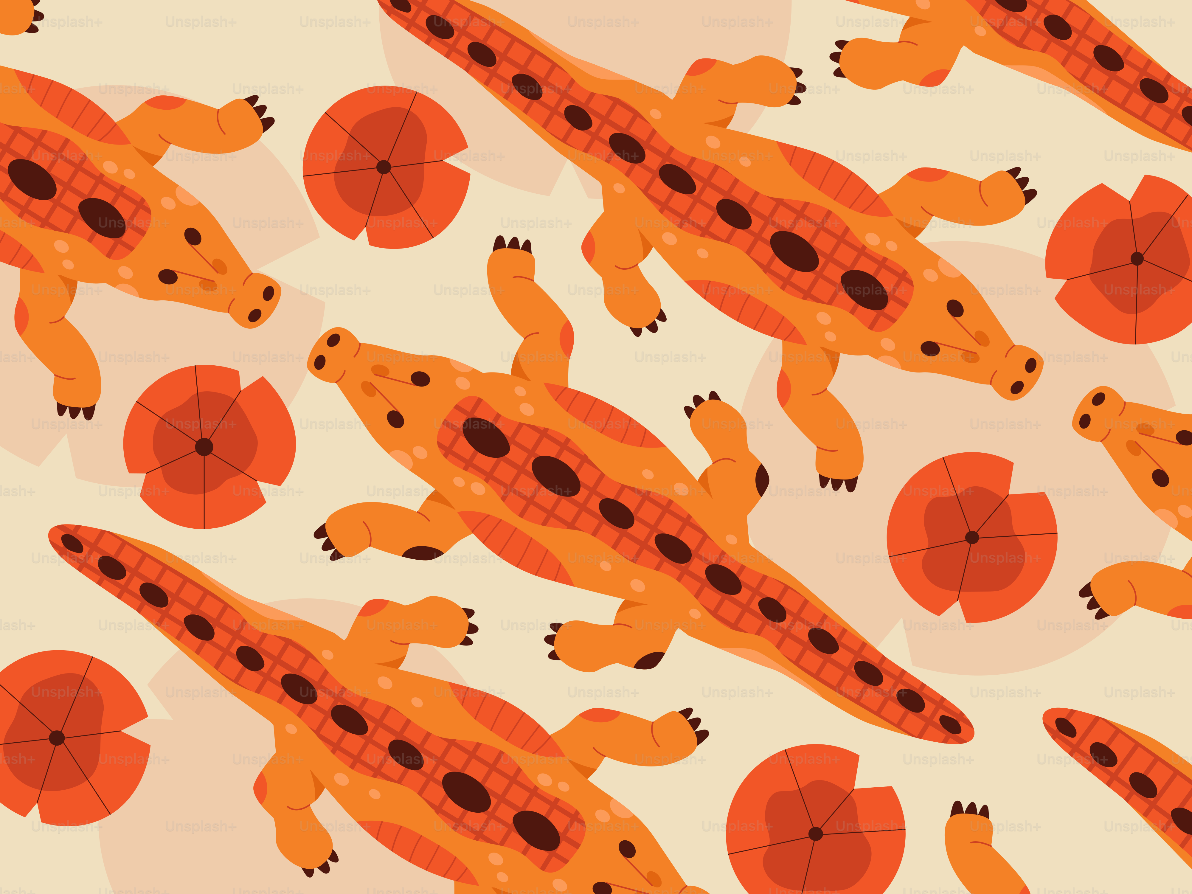 Orange alligators and flowers pattern on a light background vector ...