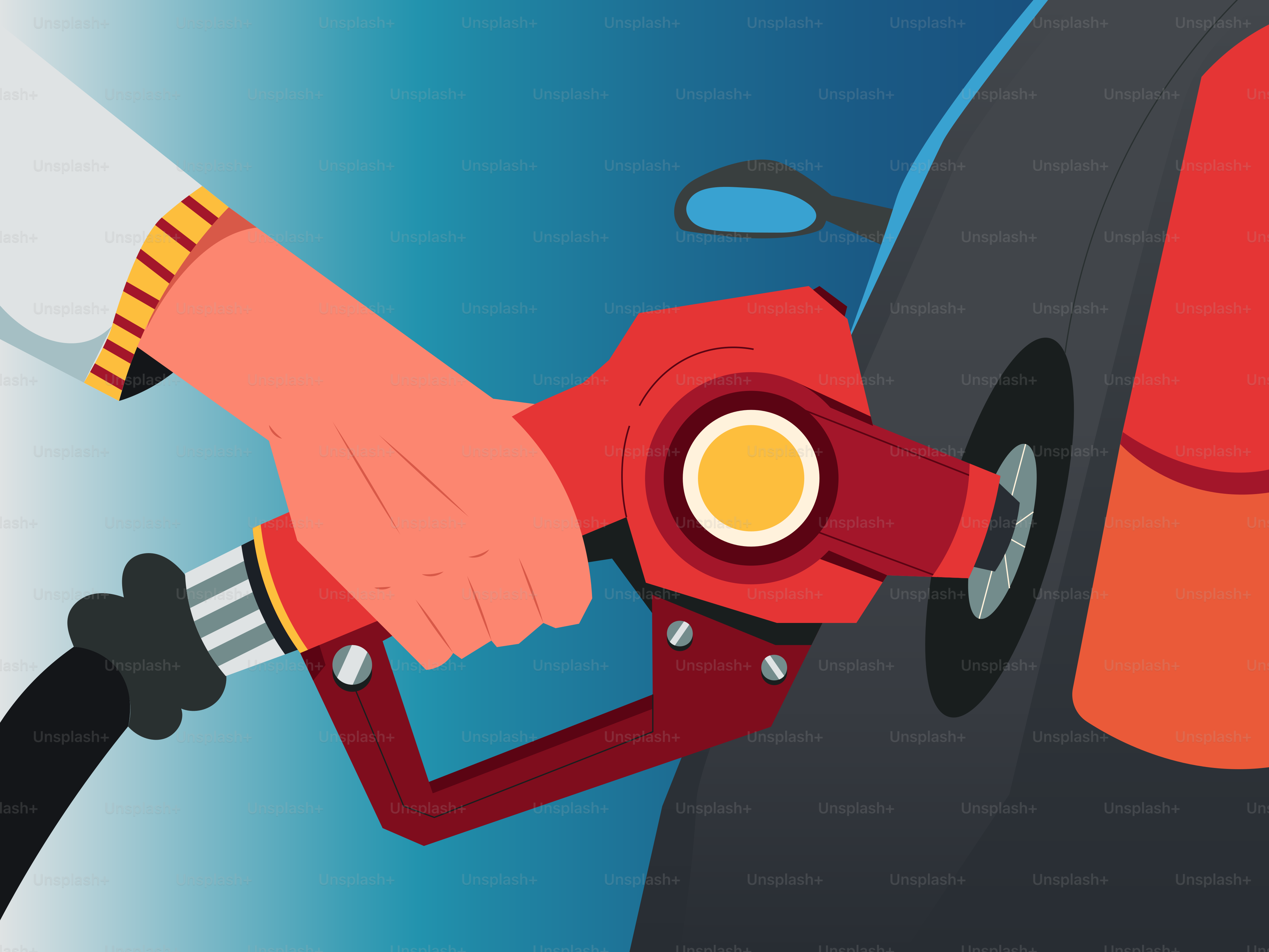 Hand holding gas pump nozzle filling car tank