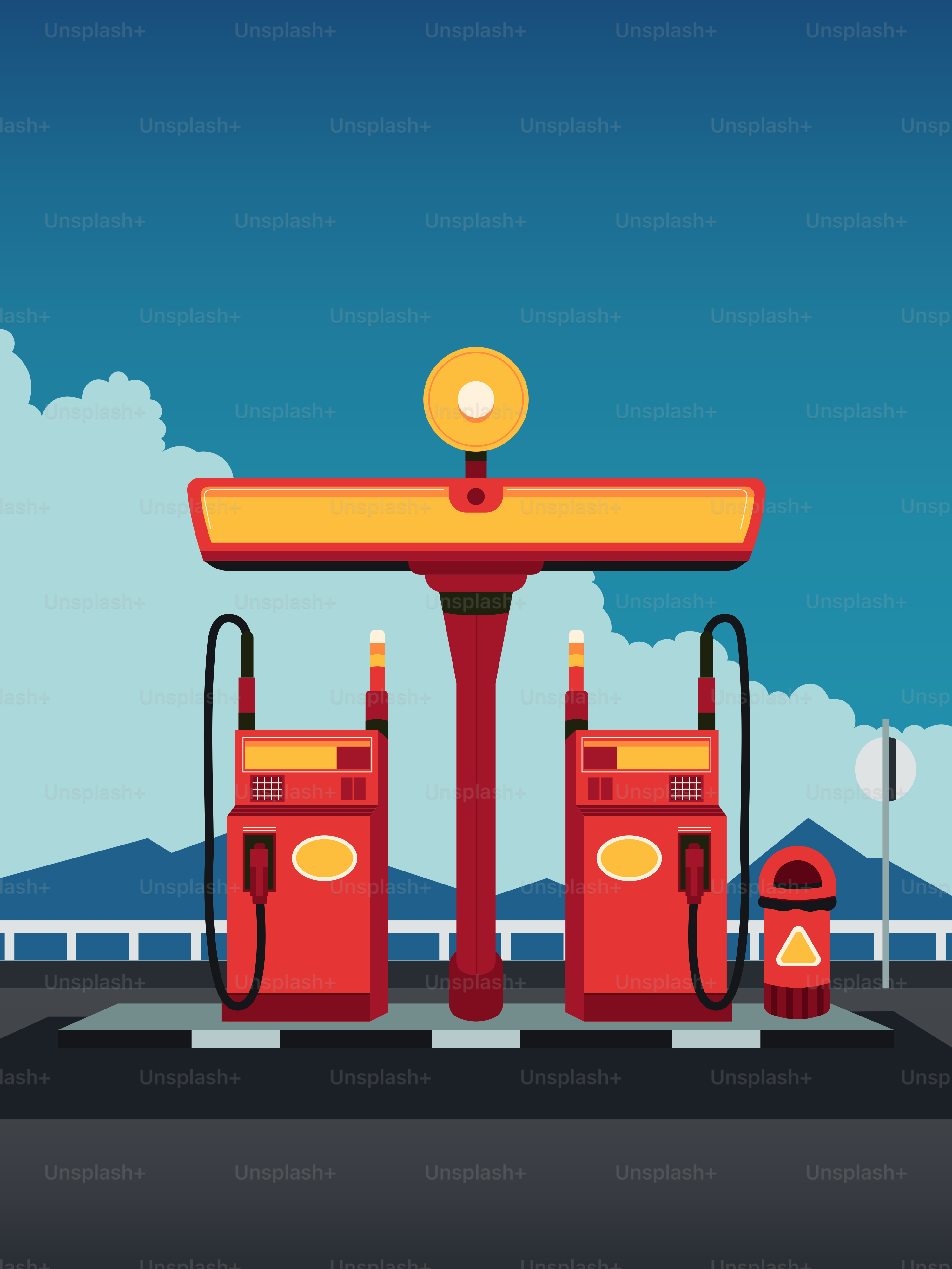 Two red gas pumps at a station.