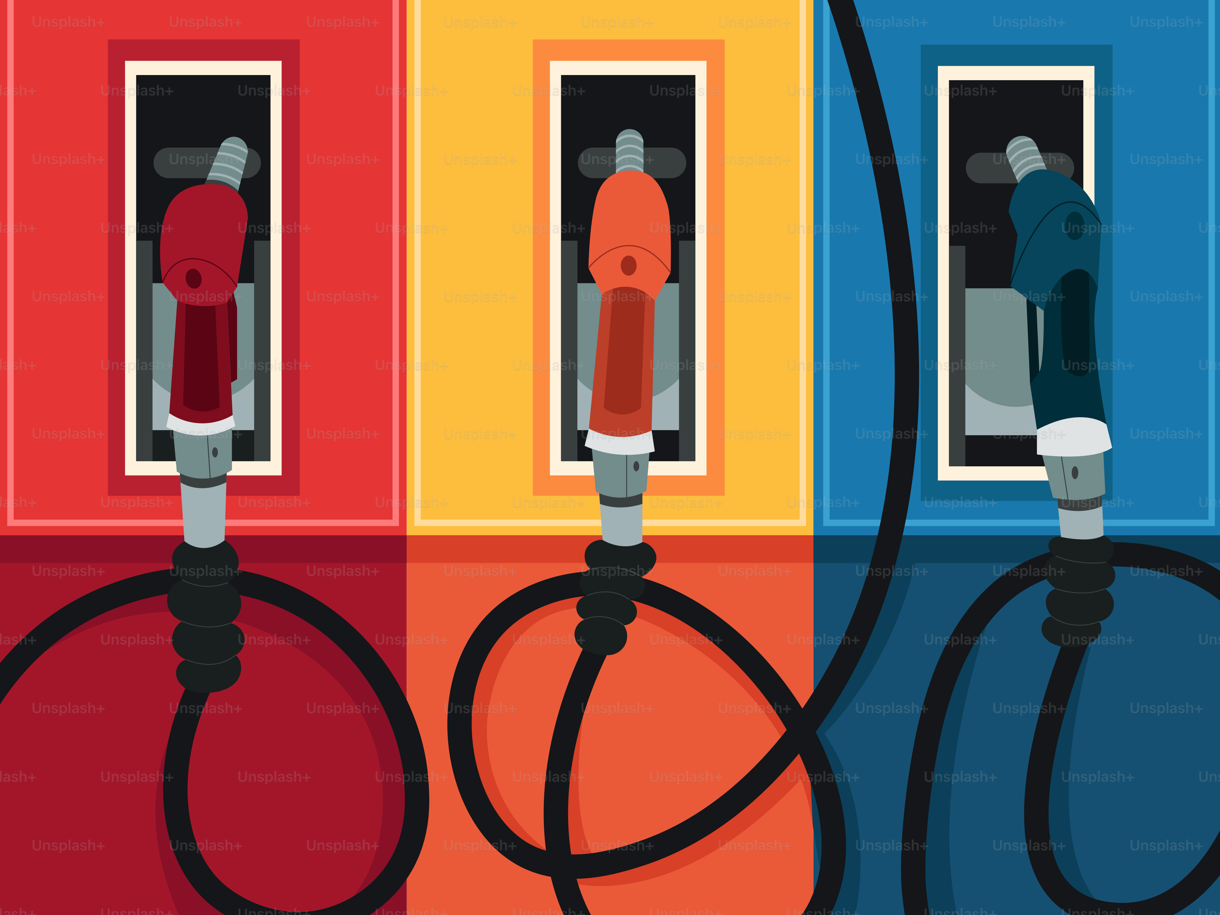 Drei bunte Zapfsäulen mit Schläuchen