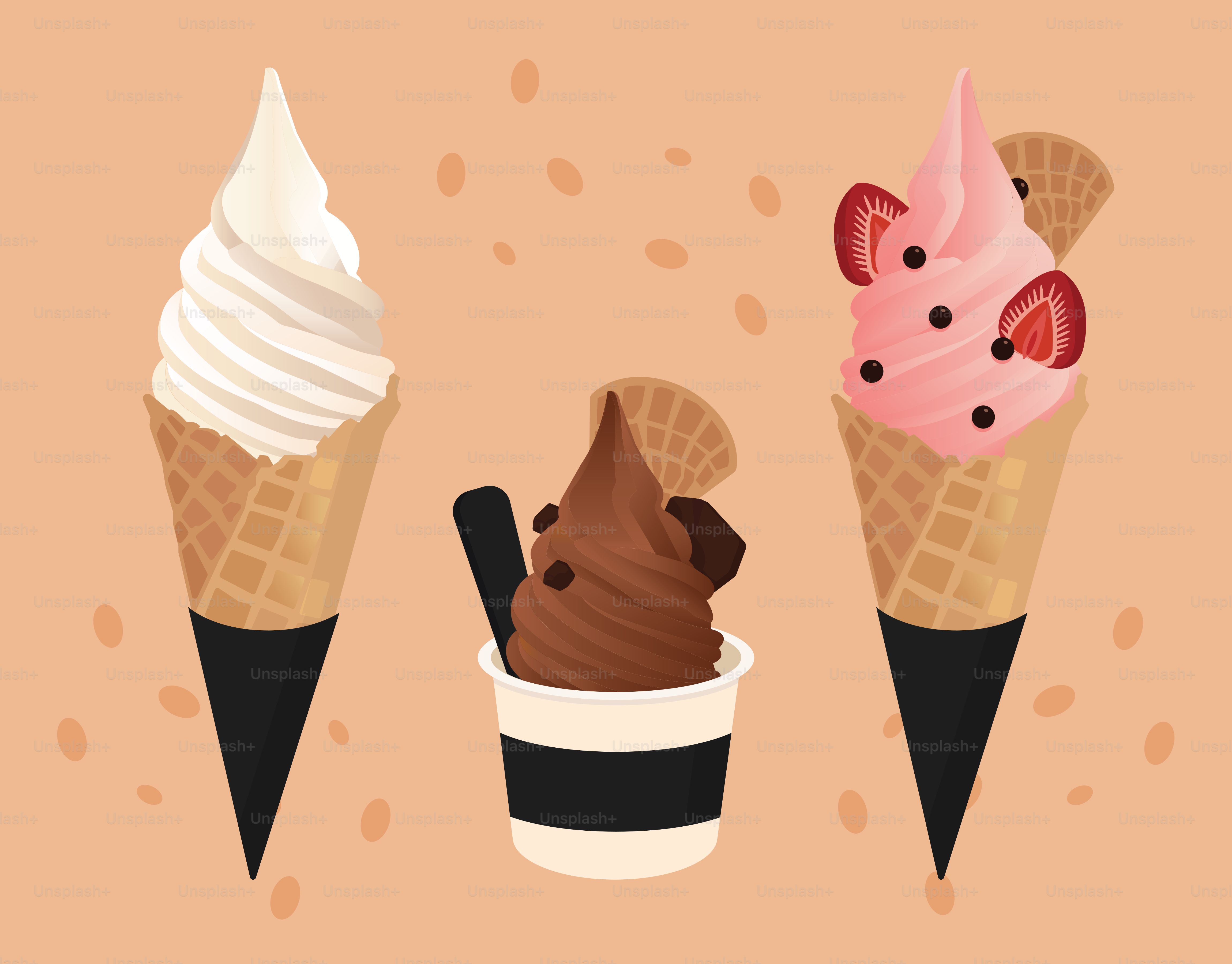 Trois cornets de glace avec des garnitures