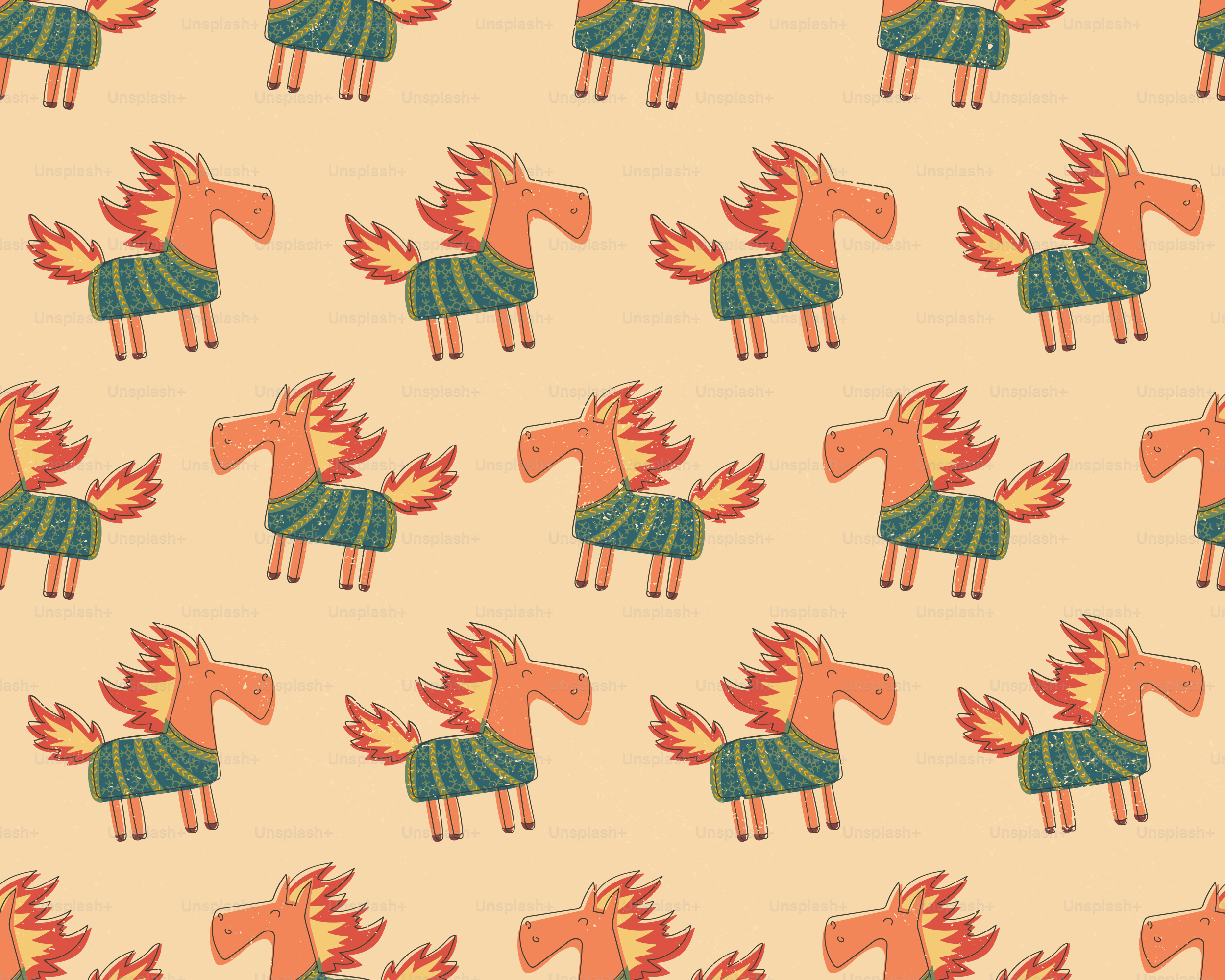 Pattern of stylized orange horses with green blankets