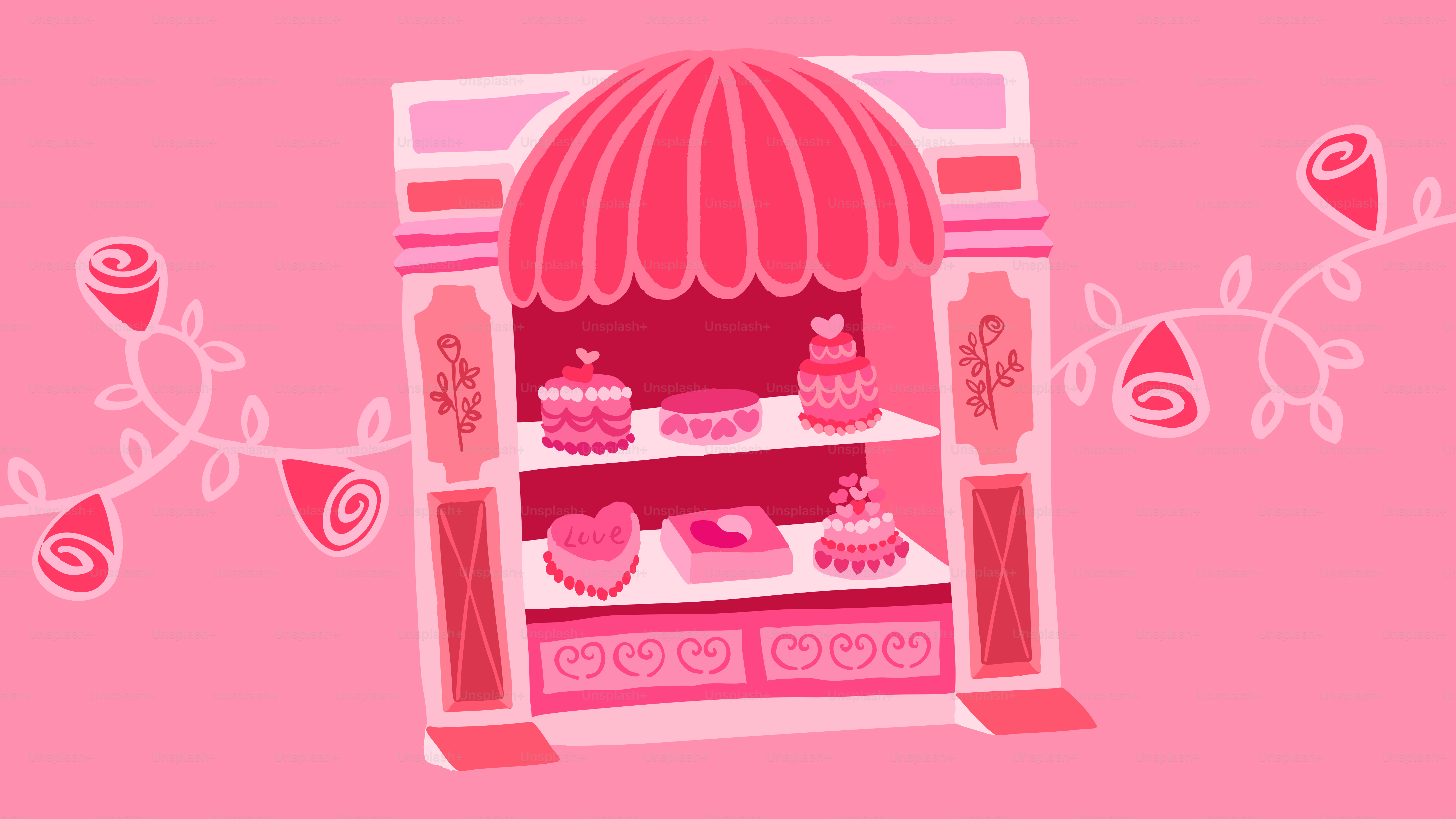 Pink bakery display with cakes and roses