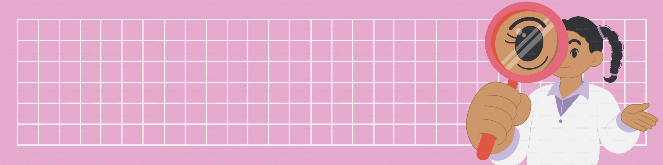 Scientist holding magnifying glass with grid background.