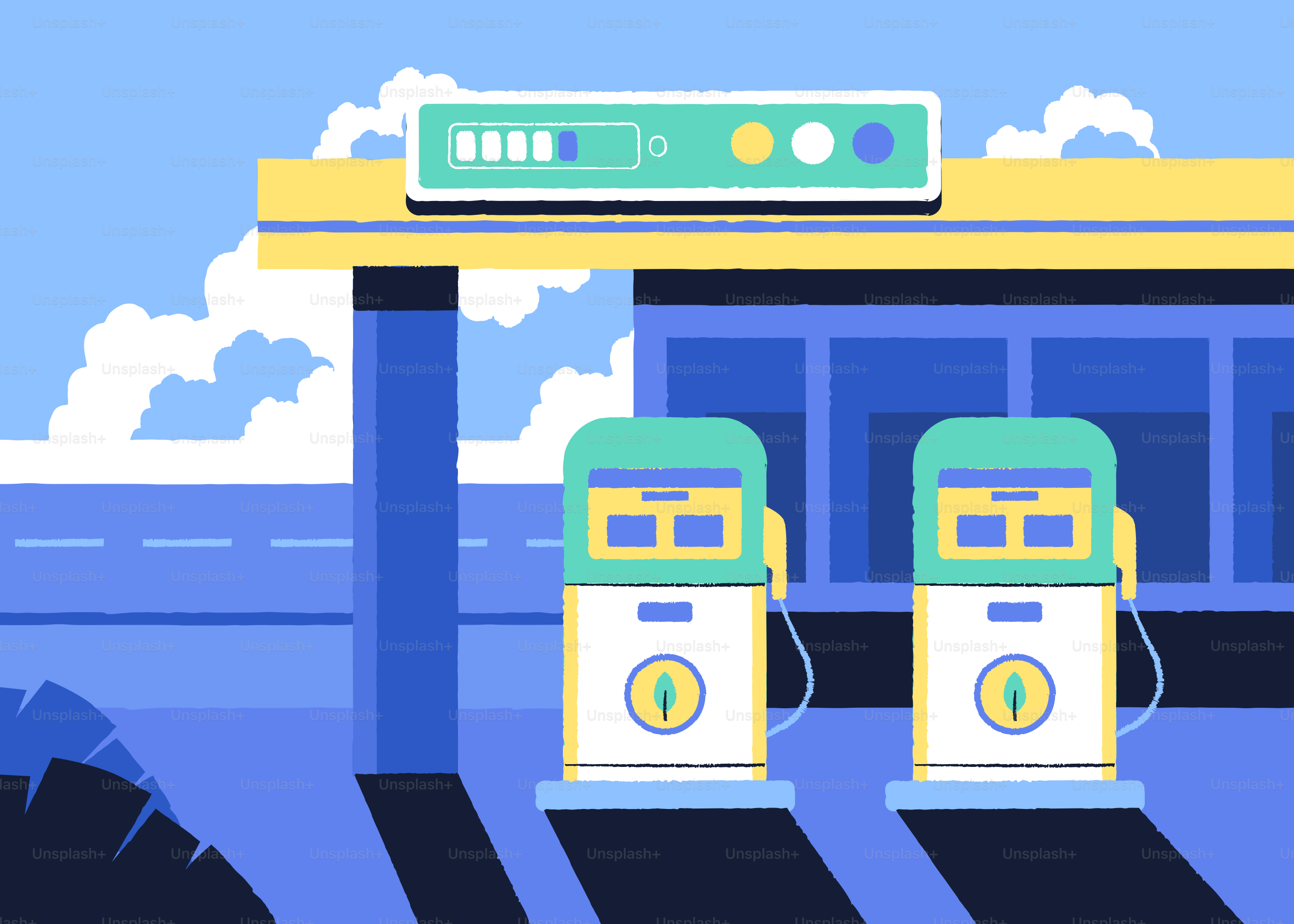 Two gas pumps at a modern station under a roof.