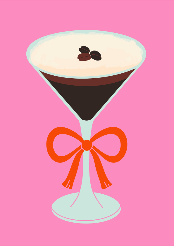 Espresso martini with coffee beans and orange bow