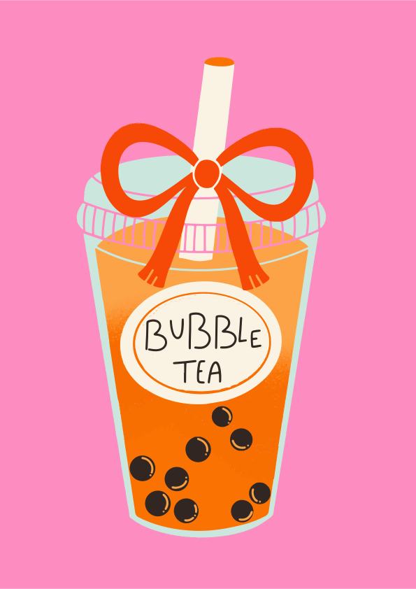 Bubble tea with orange drink and black tapioca pearls.