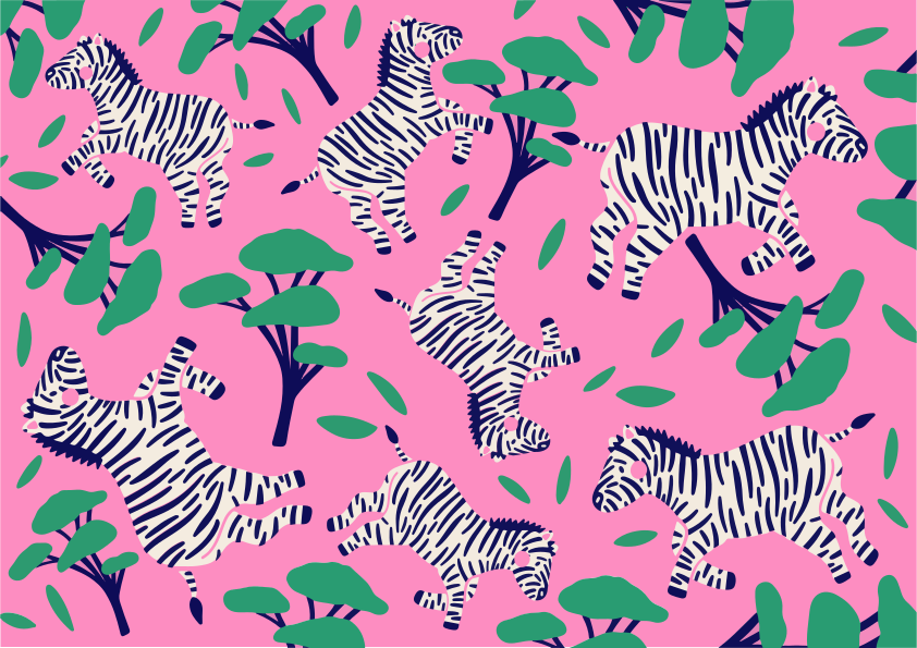 Zebras and trees on a pink background