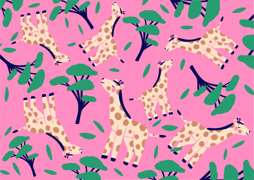 Jirafas y árboles sobre fondo rosa