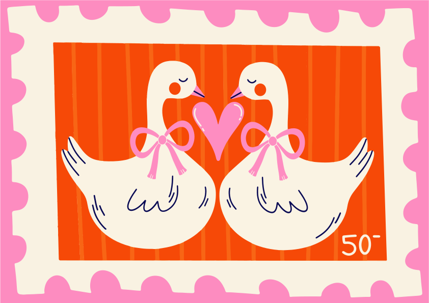 ピンクのリボンとハートを持つ二羽の白い白鳥