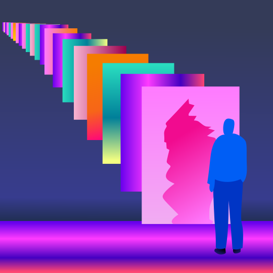 Man looks at colorful abstract art installation