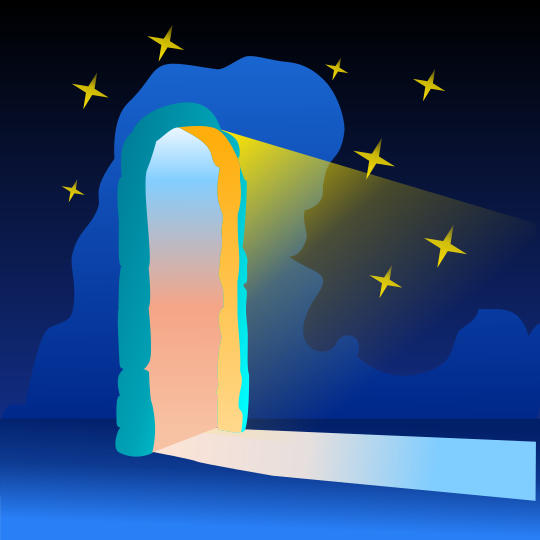 A glowing doorway opens to a starry night sky.