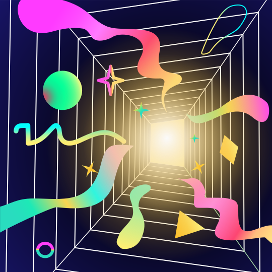 Abstract tunnel with colorful wavy shapes and geometric elements