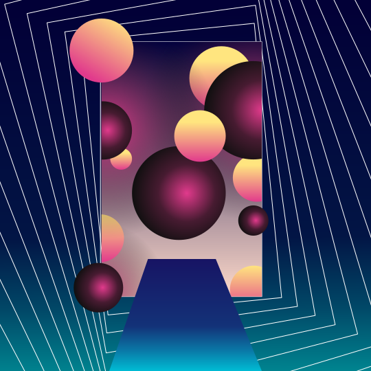 Abstract portal with floating spheres and geometric lines