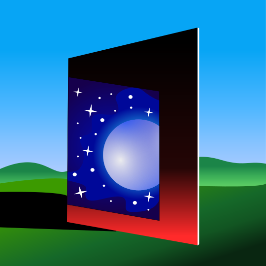A doorway opens to a starry night sky.