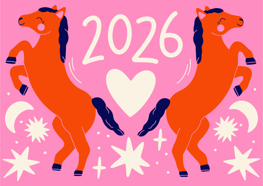 Zwei orangefarbene Pferde mit 2026 und Herz.