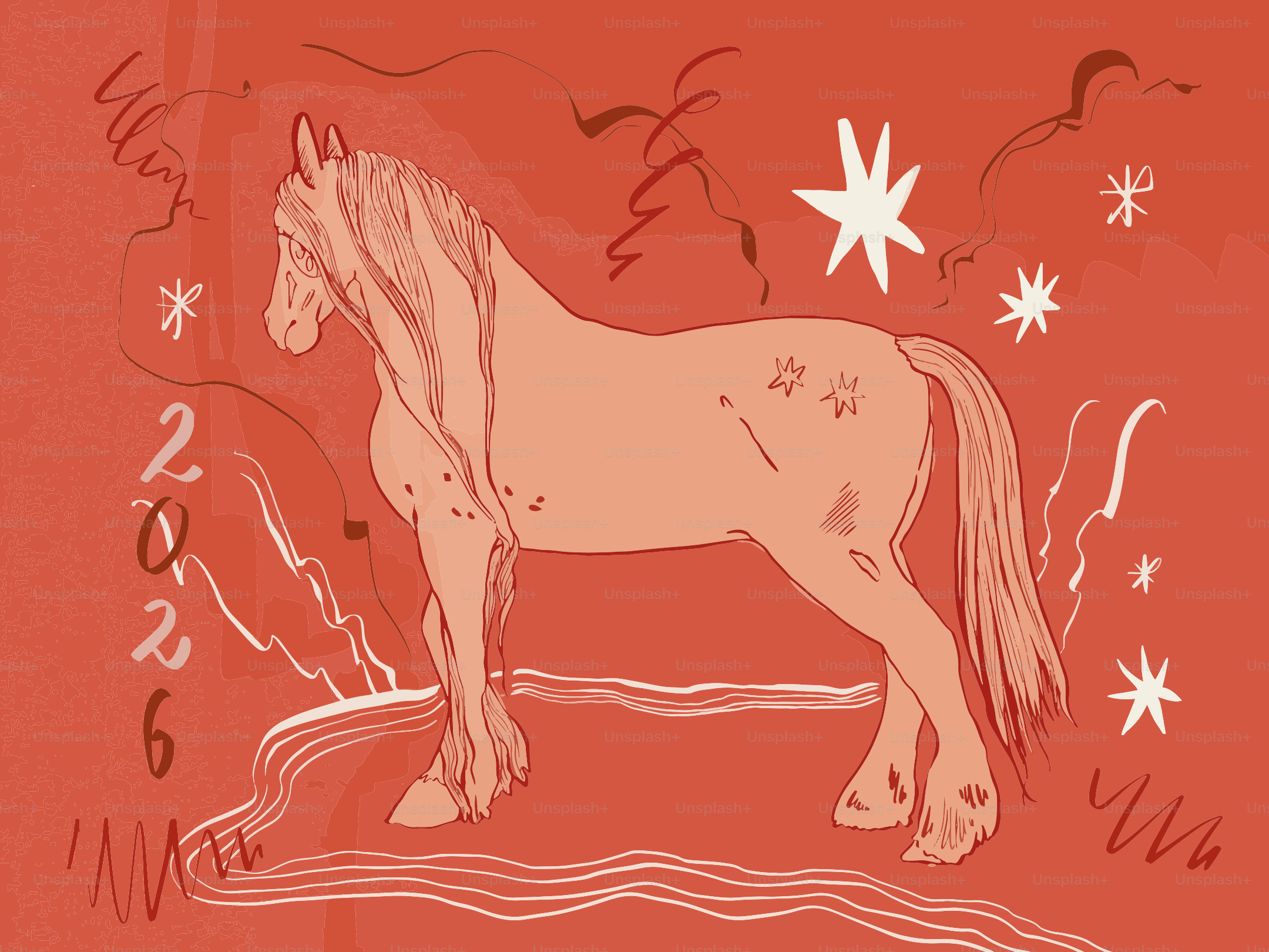 Uma ilustração estilizada de cavalos com elementos e números abstratos.