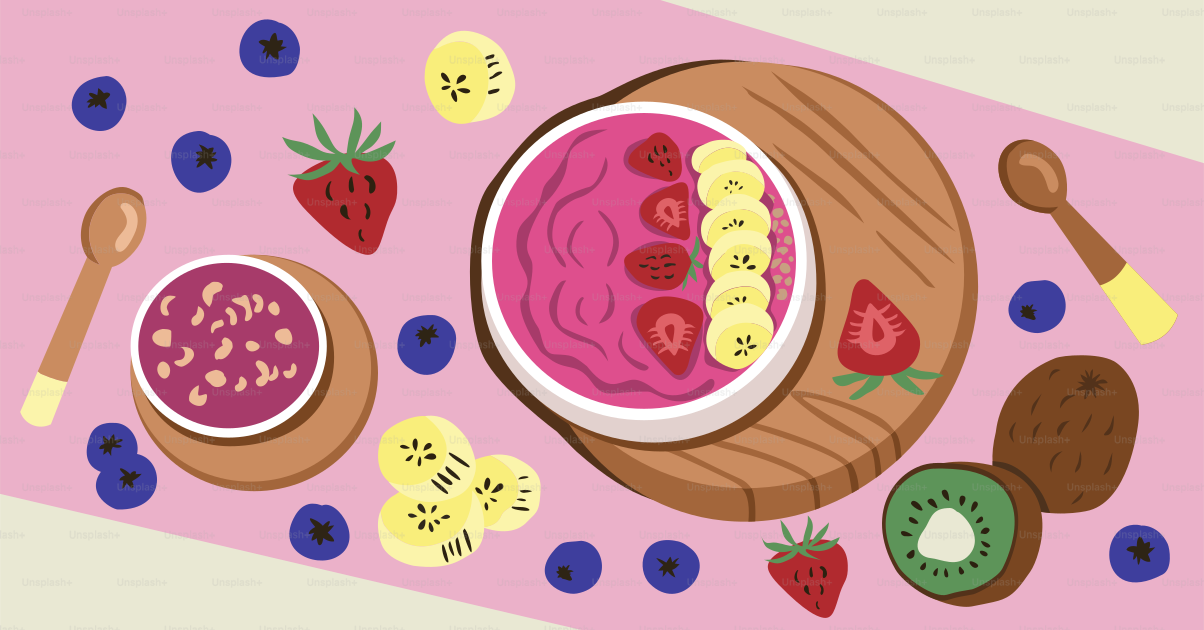 Two bowls of smoothie with fruits and berries.