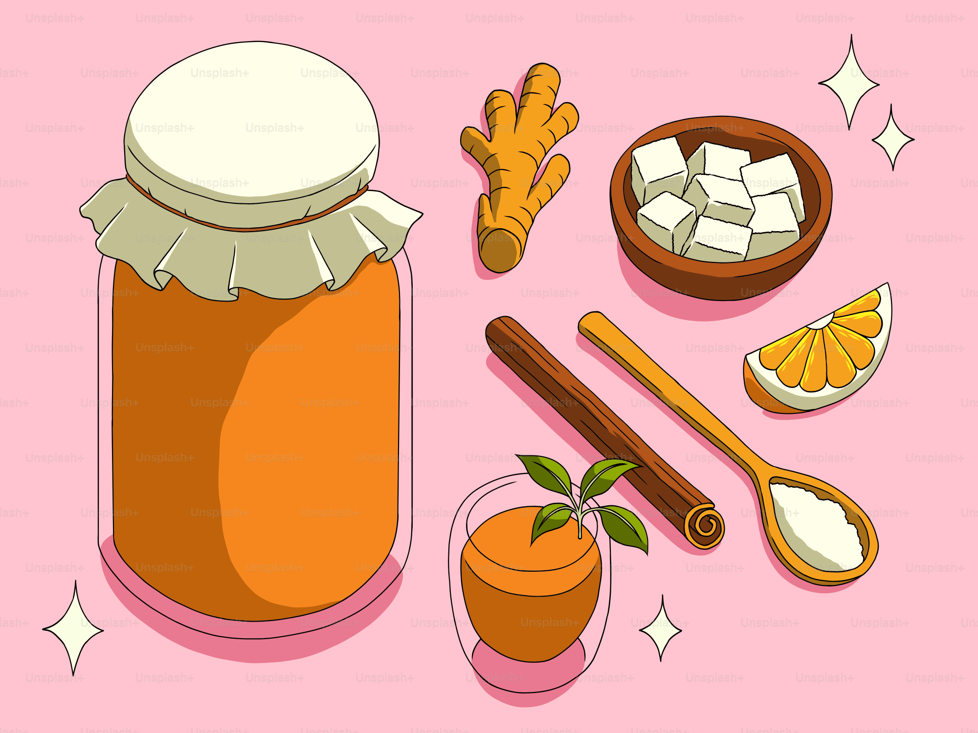 Ein Glas Honig mit Ingwer, Zucker, Orange und Zimt.