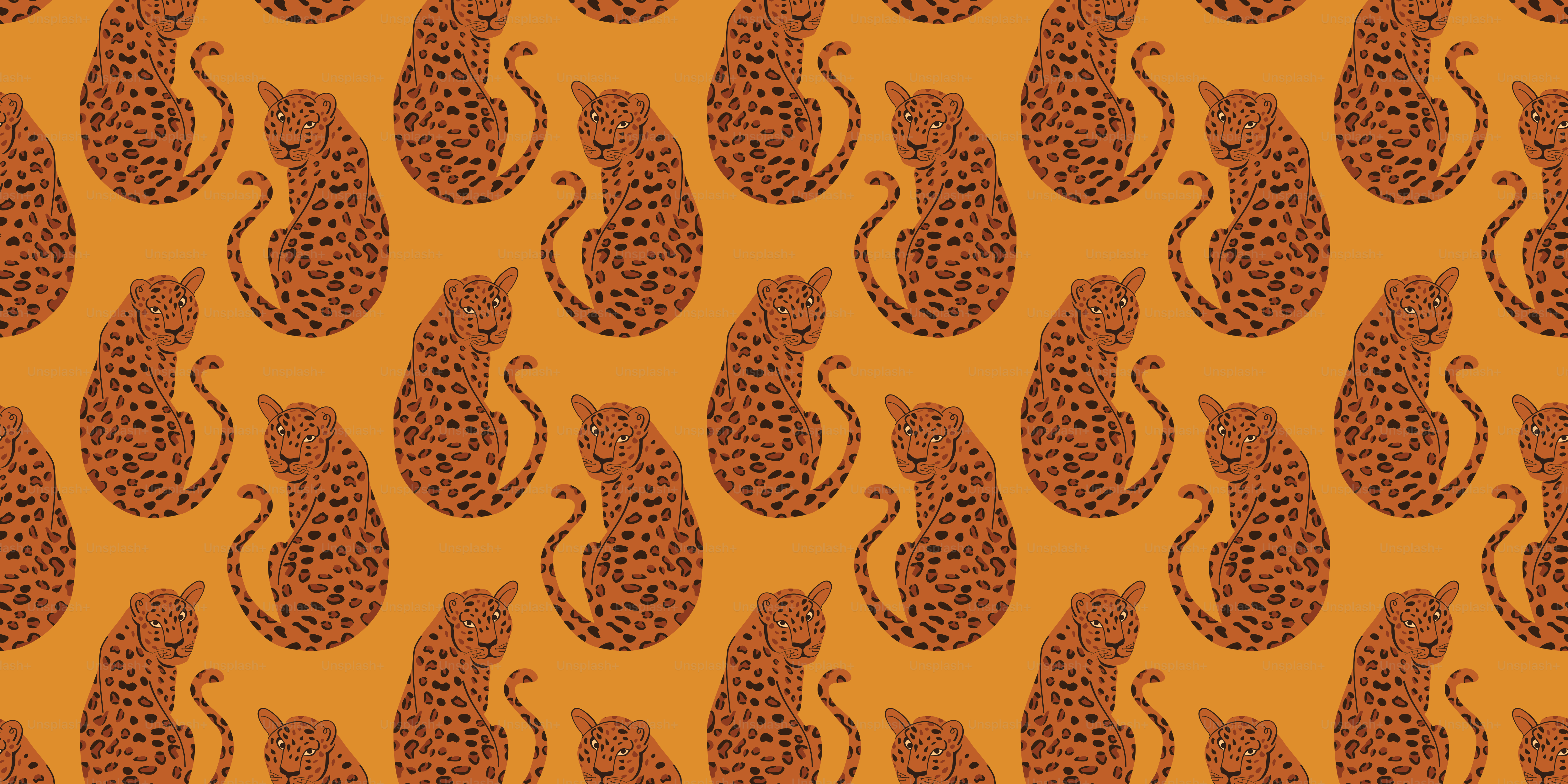 Seamless pattern of stylized leopards on orange background