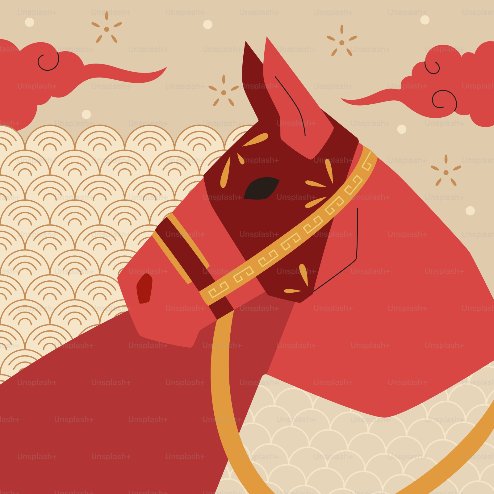 Red horse with ornate bridle and festive background