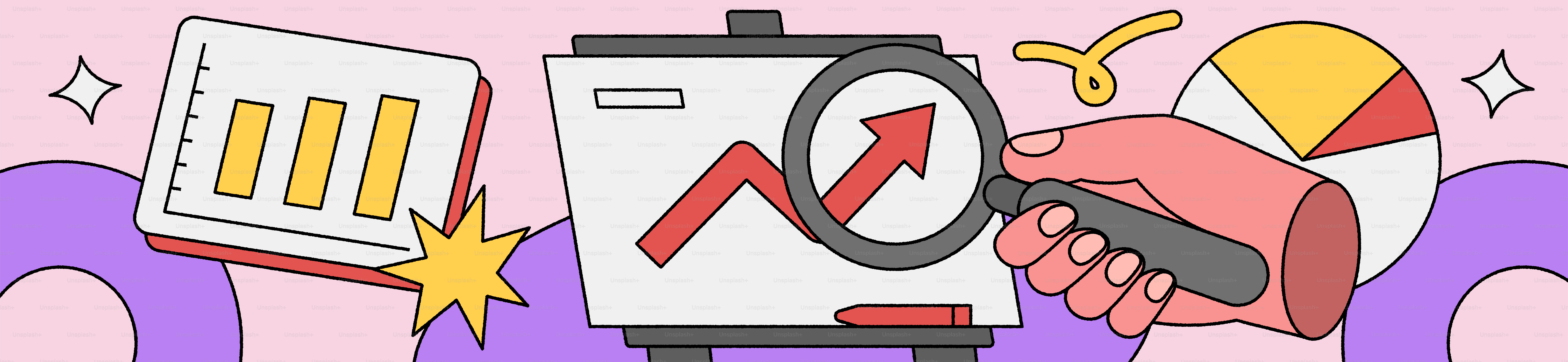 Hand magnifying chart showing upward trend with pie chart.