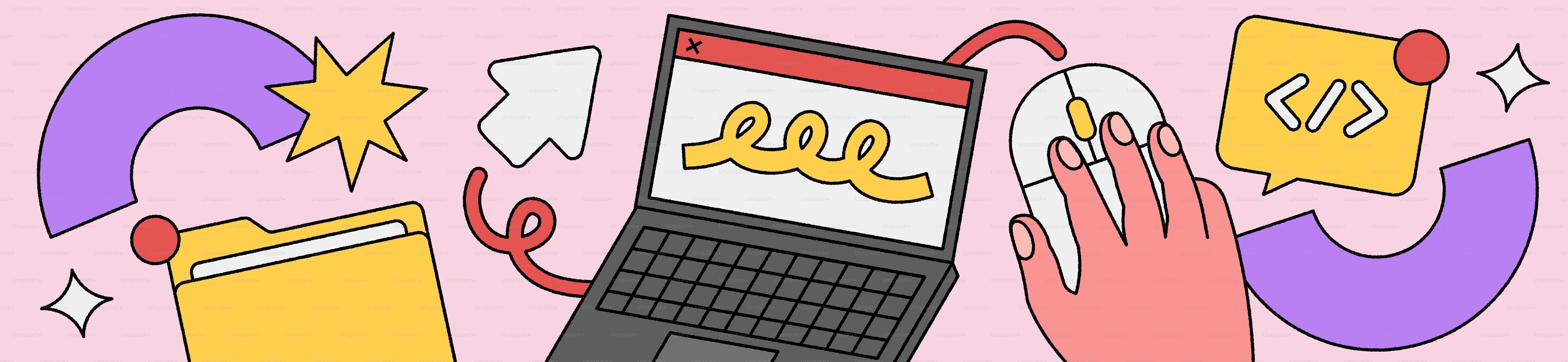 Laptop, mouse, and folder with coding elements.
