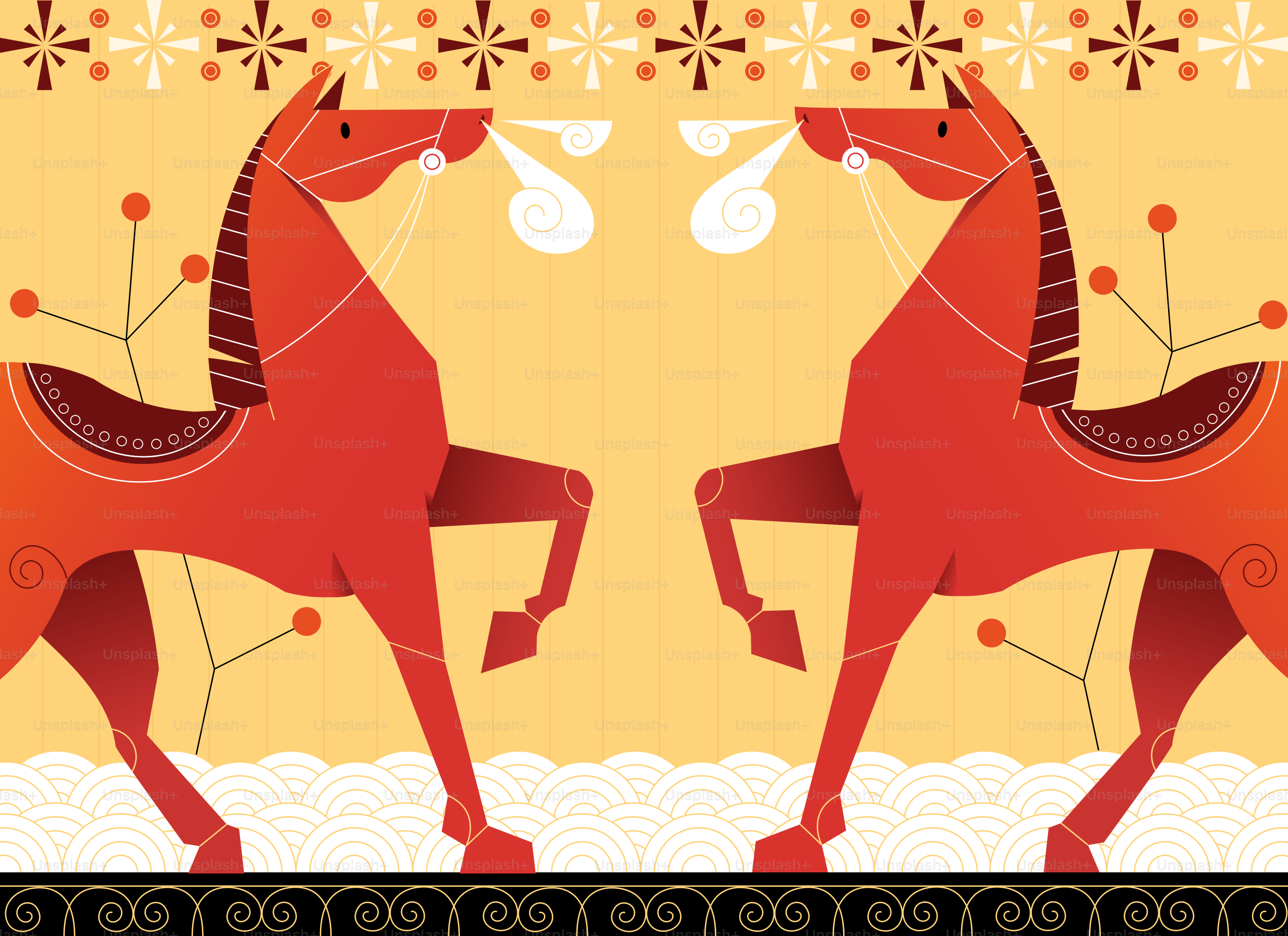 Two stylized red horses with decorative saddles