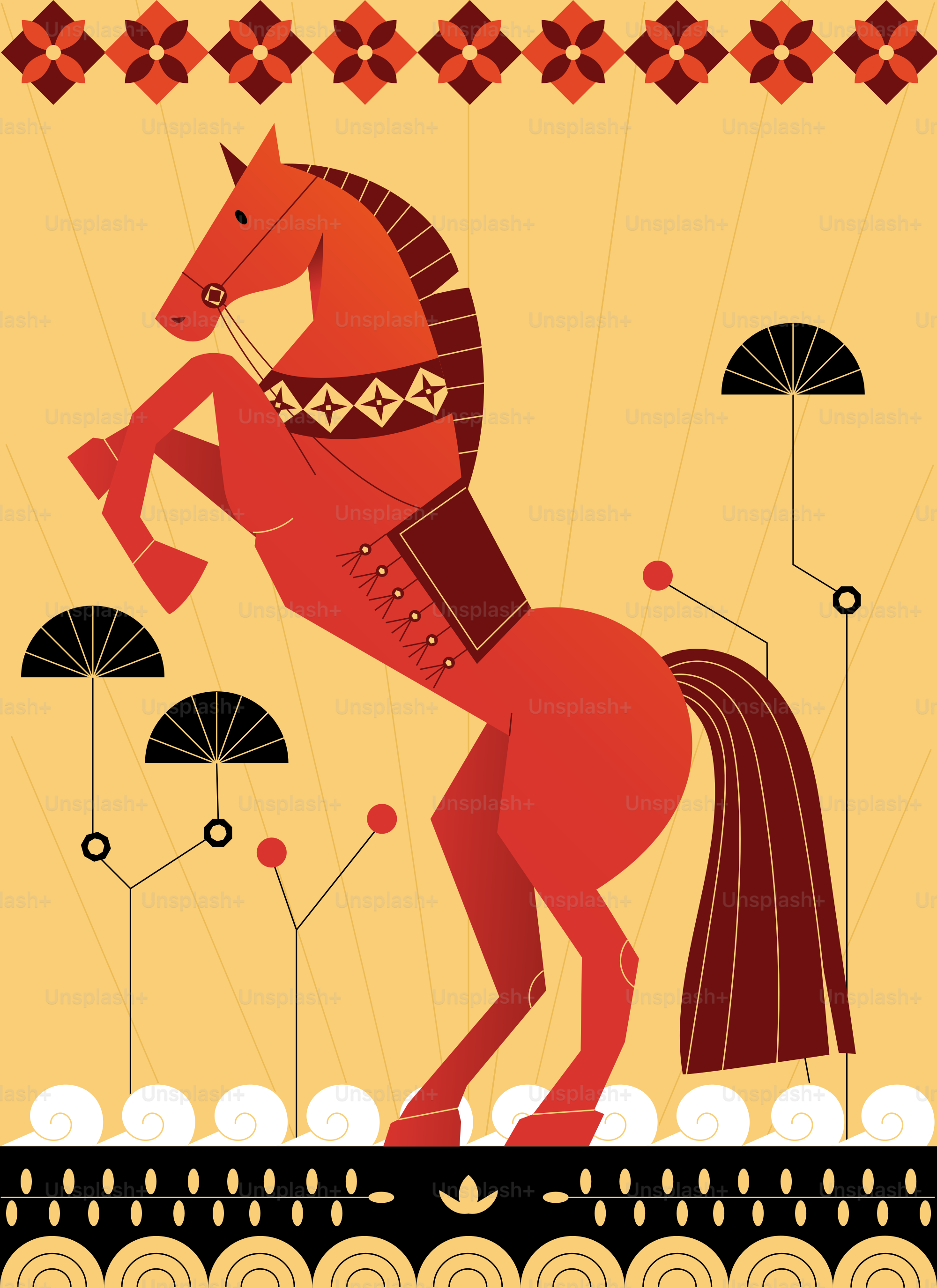 Stylized red horse rearing up against yellow background
