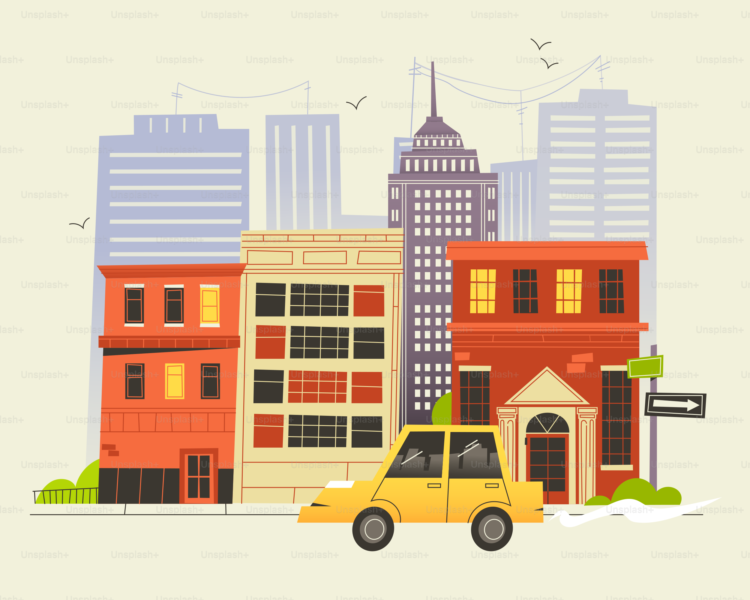 Yellow car driving past city buildings