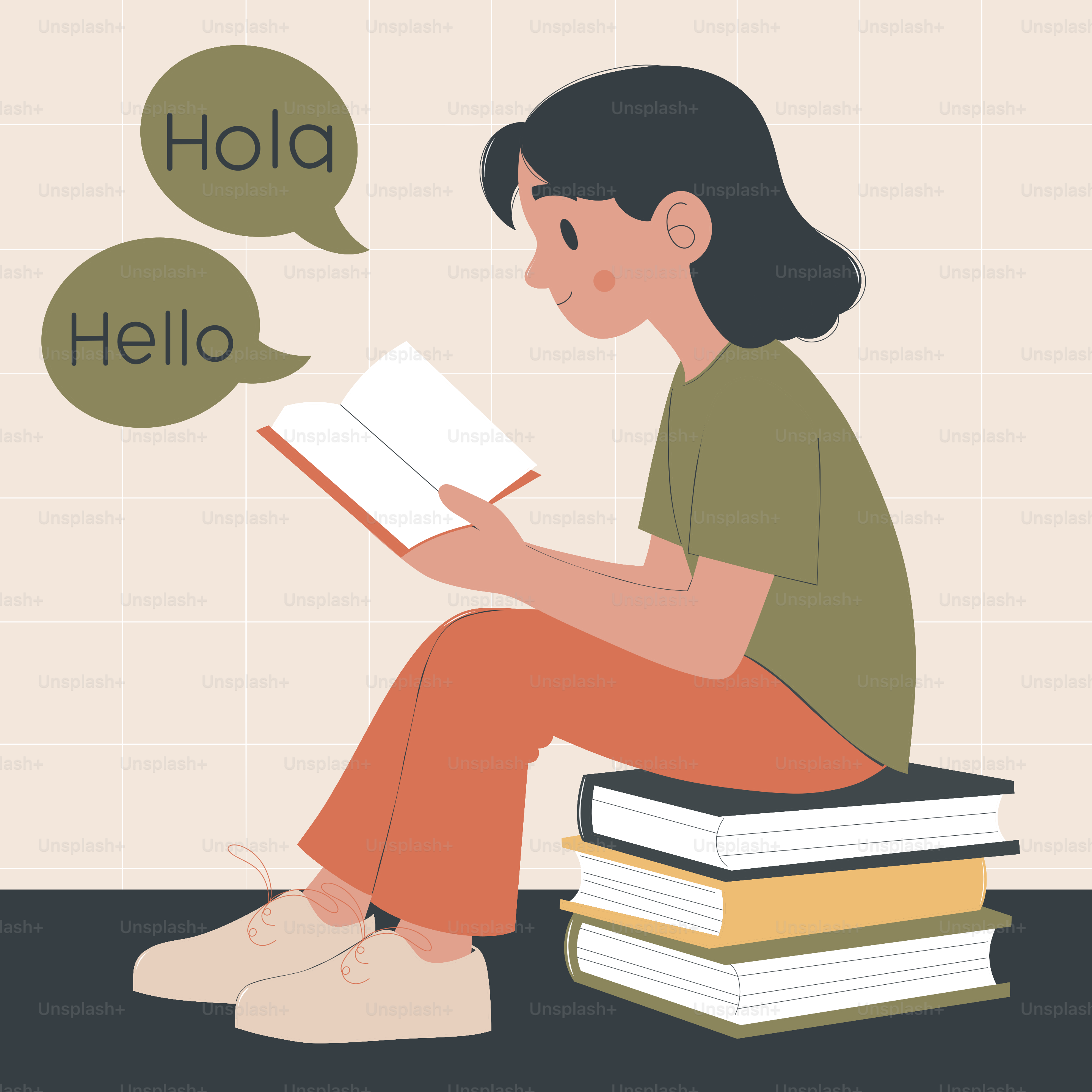 Mädchen liest ein Buch mit 'Hola' und 'Hallo'-Sprechblasen.