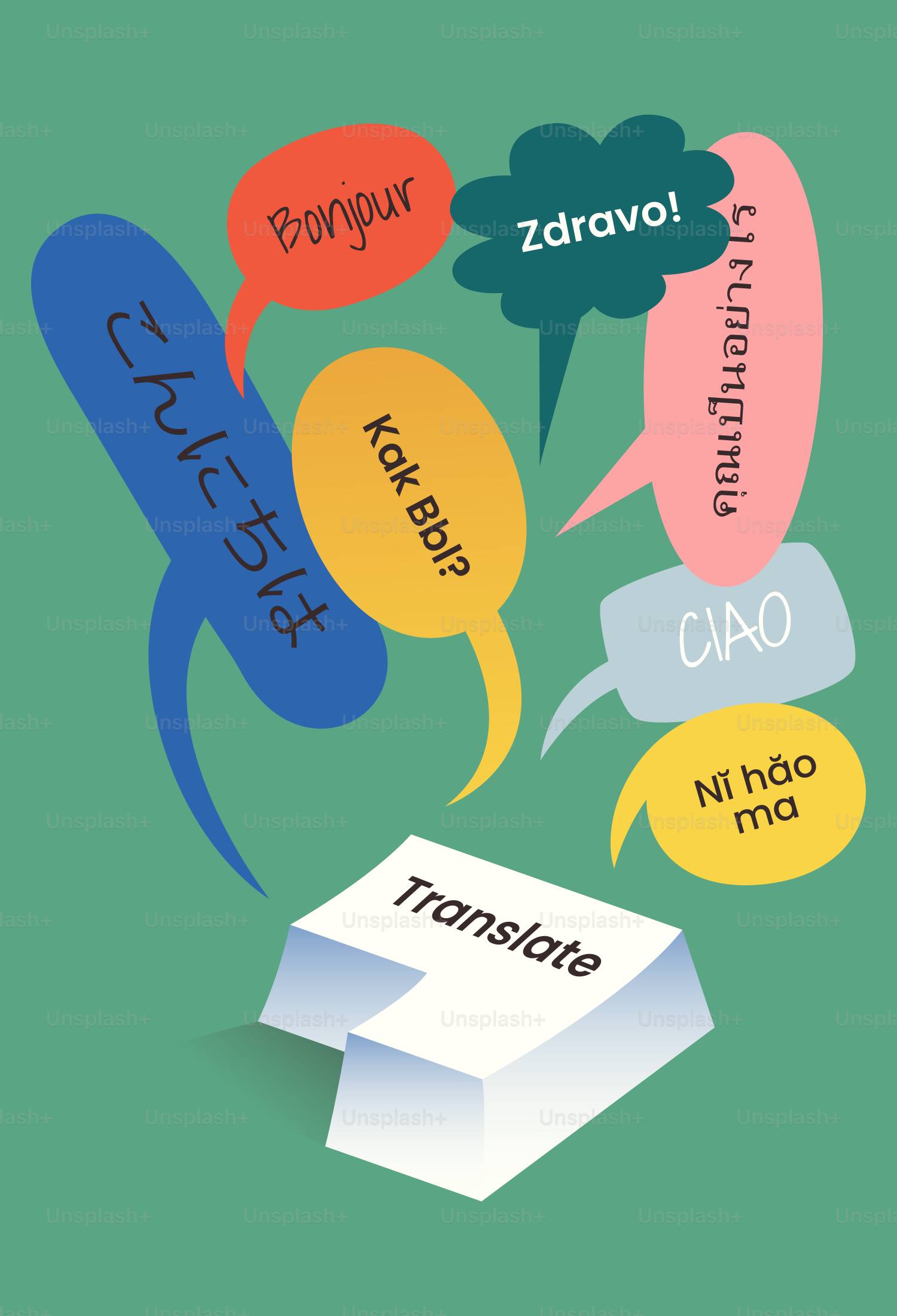 Speech bubbles with greetings in different languages above keyboard key.