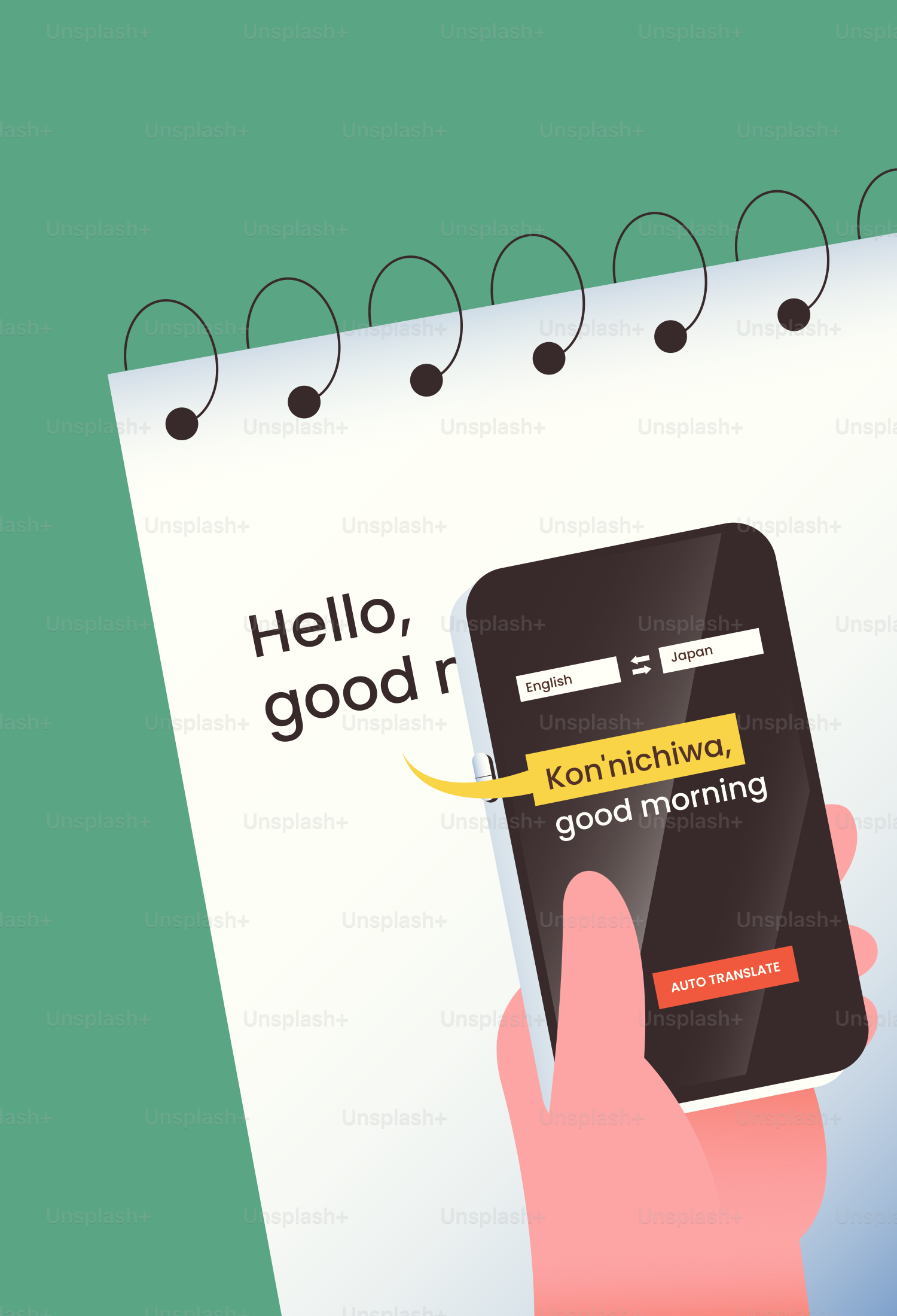 Phone translating "hello, good morning" to japanese.