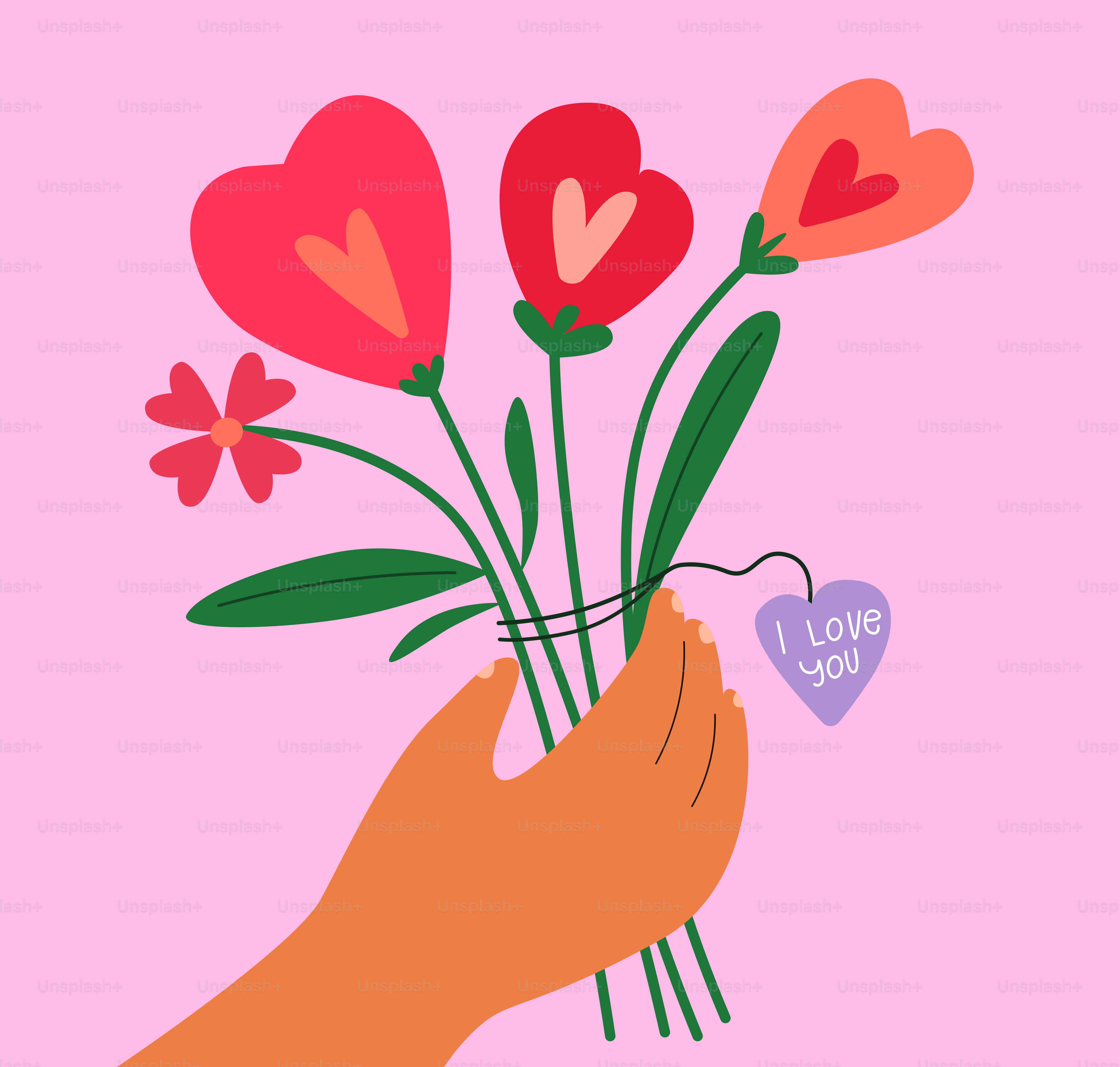 Mano che tiene un mazzo di fiori a forma di cuore con un'etichetta
