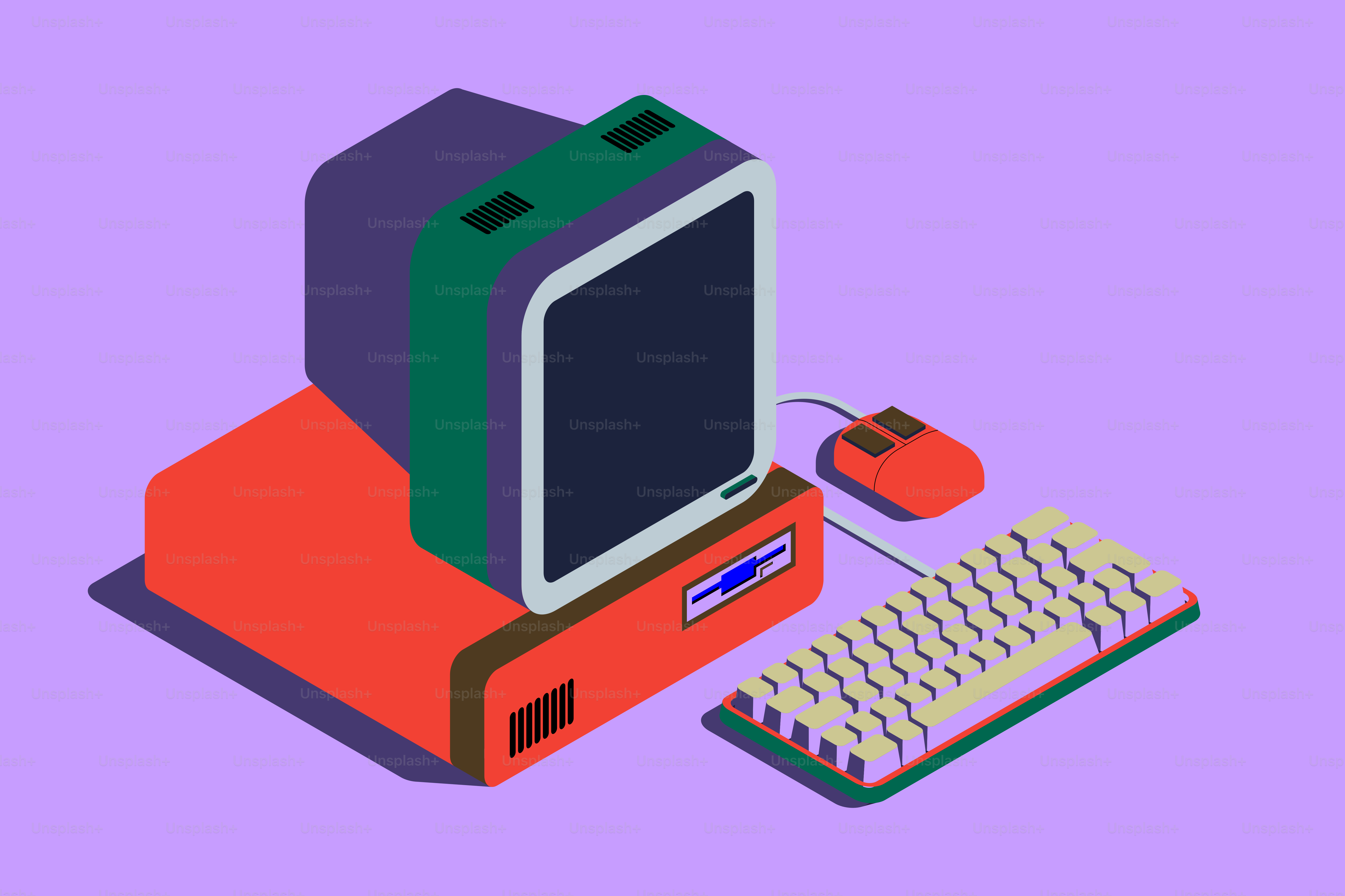 Retro computer with monitor, keyboard, and mouse.