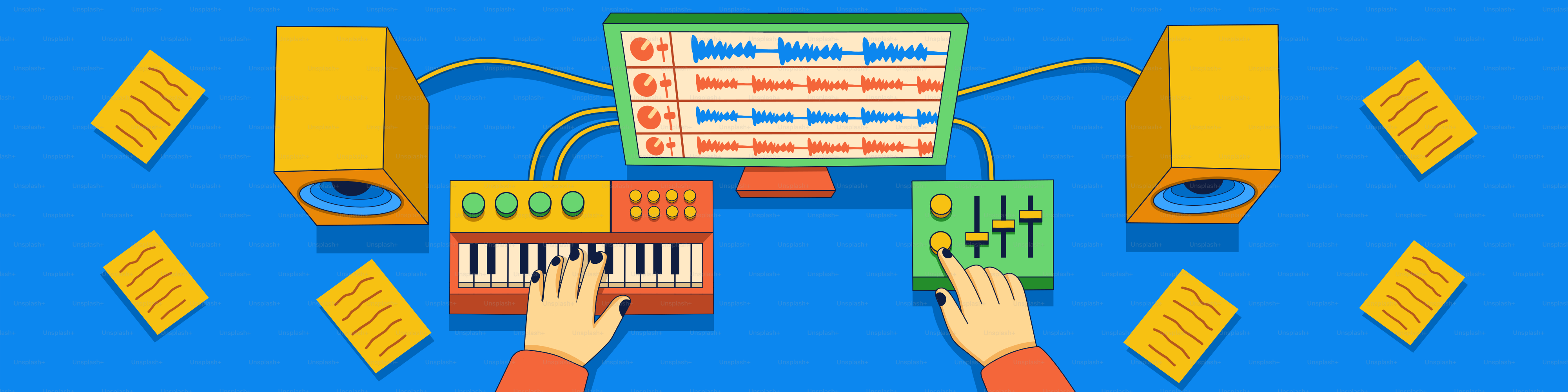 Tangan memainkan keyboard dan papan pencampur dengan peralatan musik.