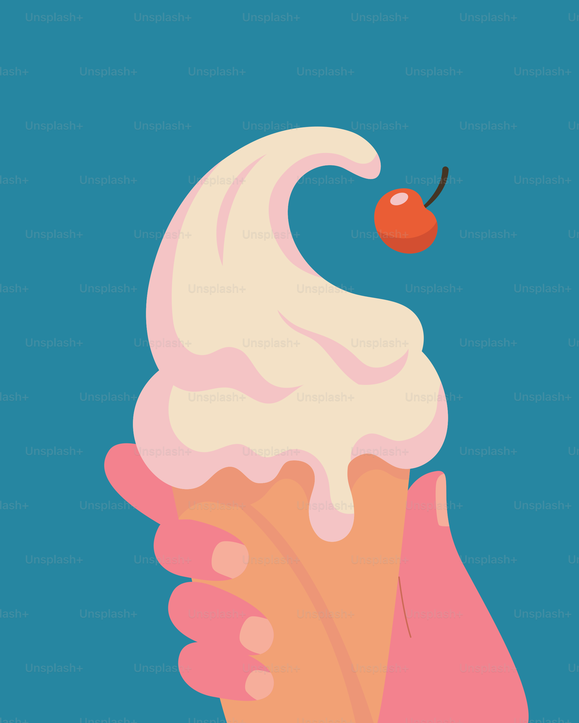 Hand holding a vanilla ice cream cone with cherry.
