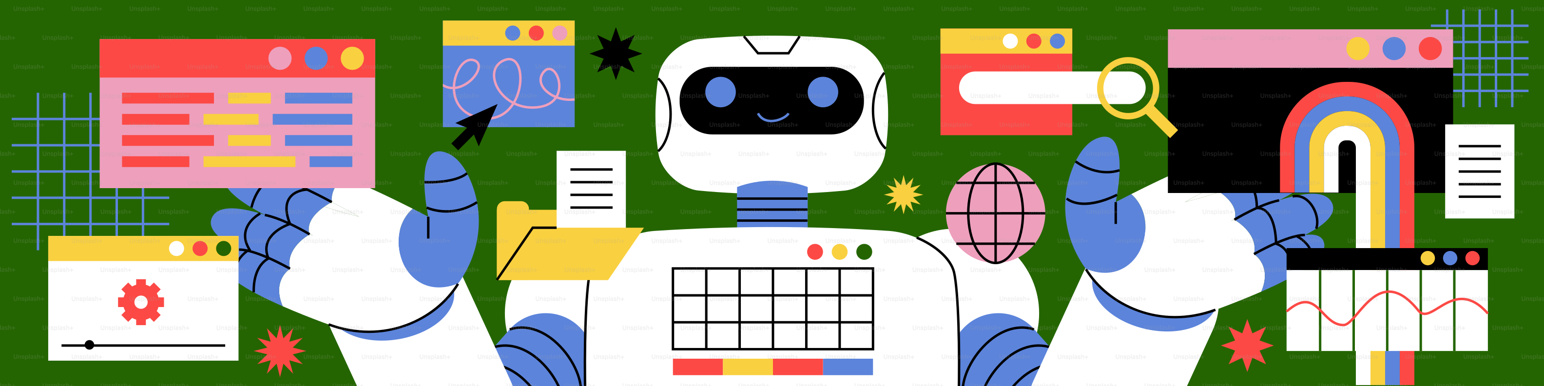Roboter mit Computerfenstern und Diagrammen auf grünem Hintergrund