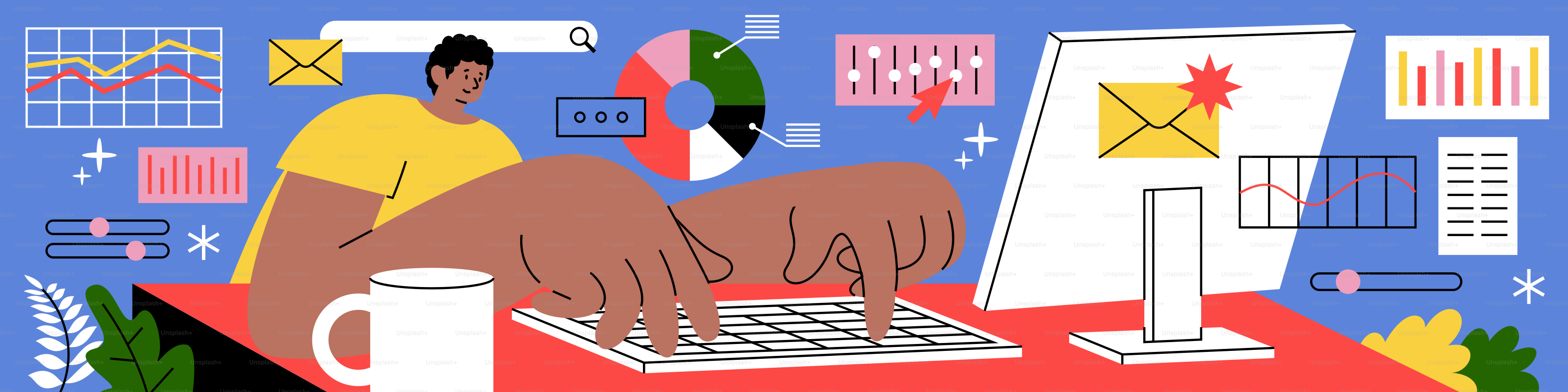 Person, die am Computer mit Akten und E-Mails arbeitet.