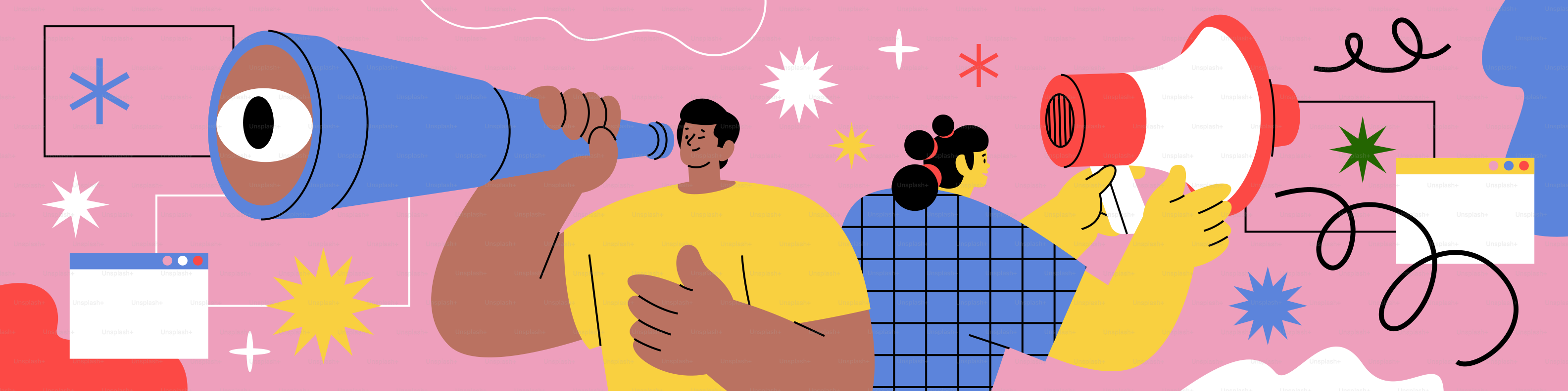 Menschen mit Teleskop und Megafon auf rosa Hintergrund