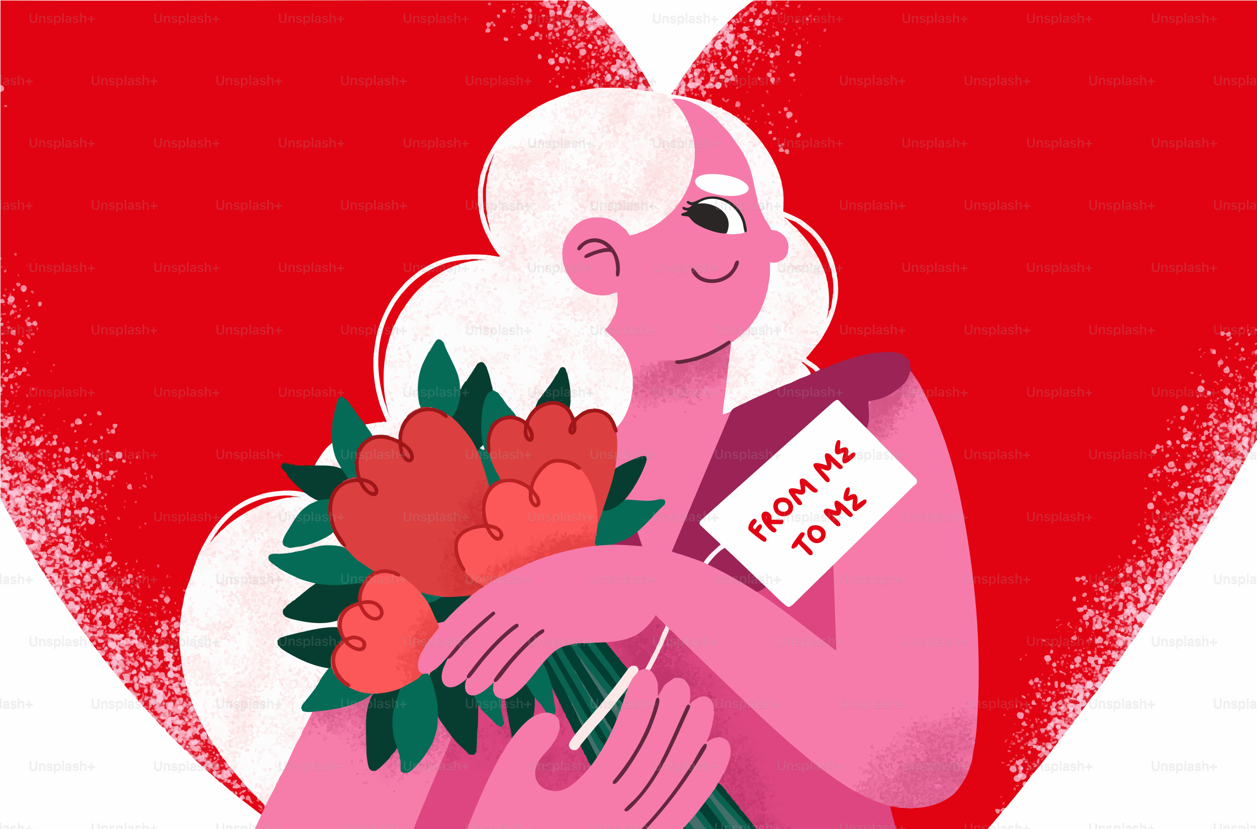 Woman holding bouquet with "from me to me" tag.