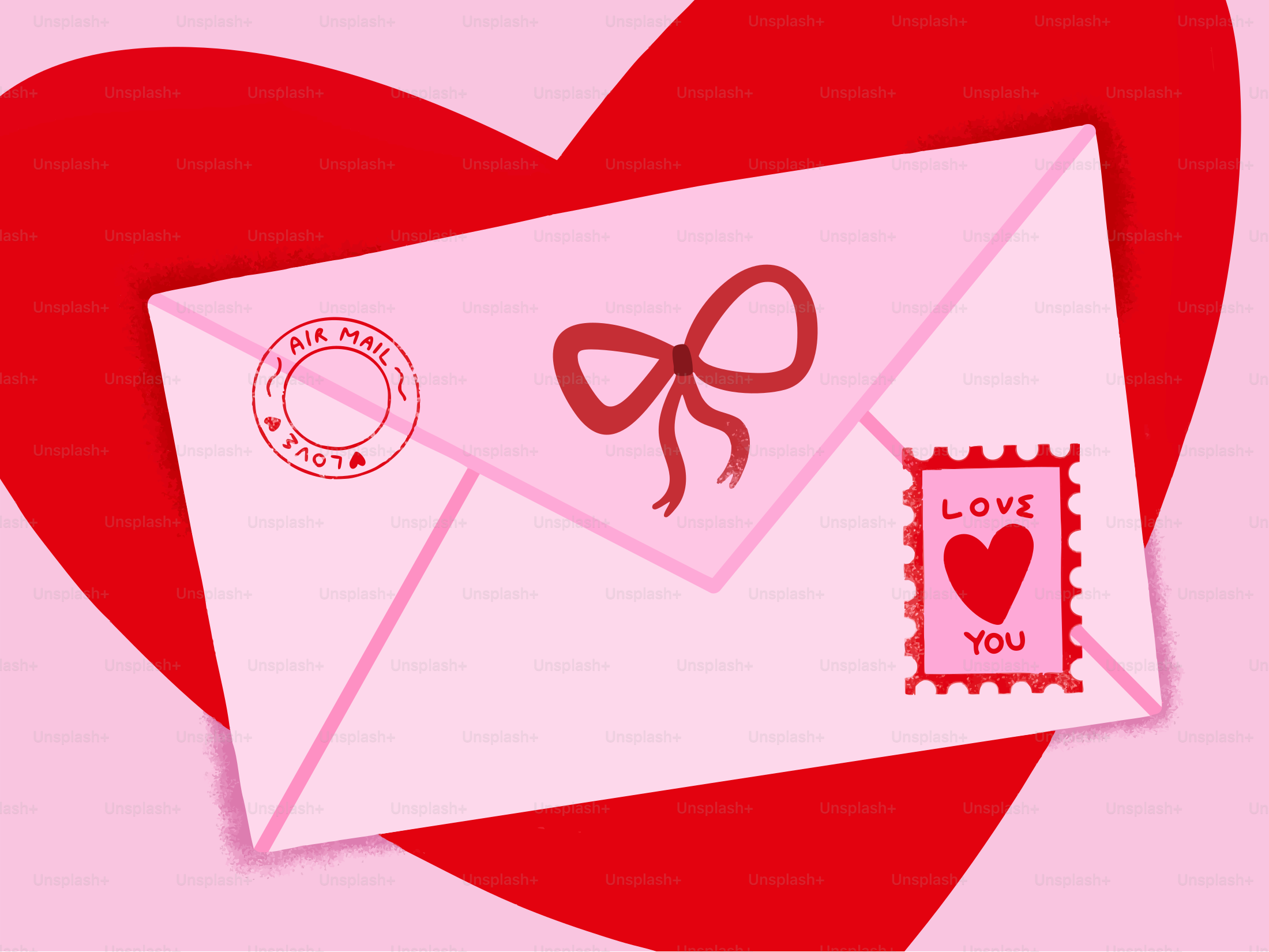 A pink envelope with a bow and stamp.