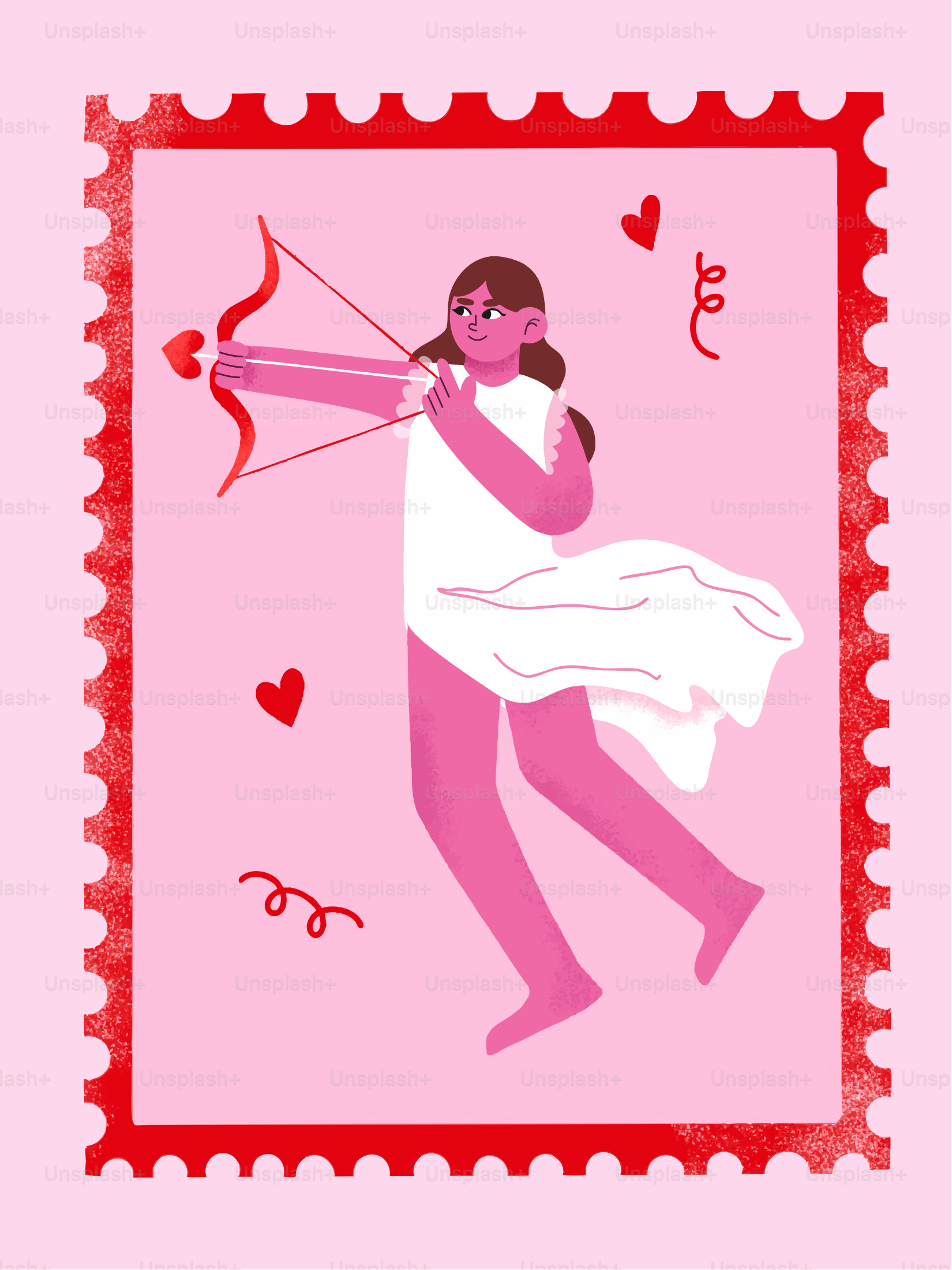 Cupid with bow and arrow on pink background