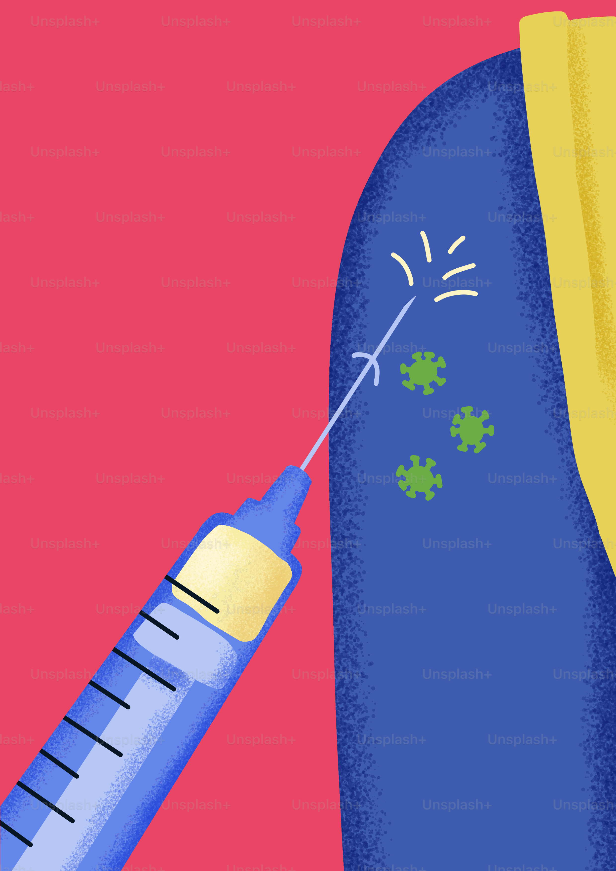 Spritze injiziert Impfstoff in den Arm mit Virus-Symbolen.